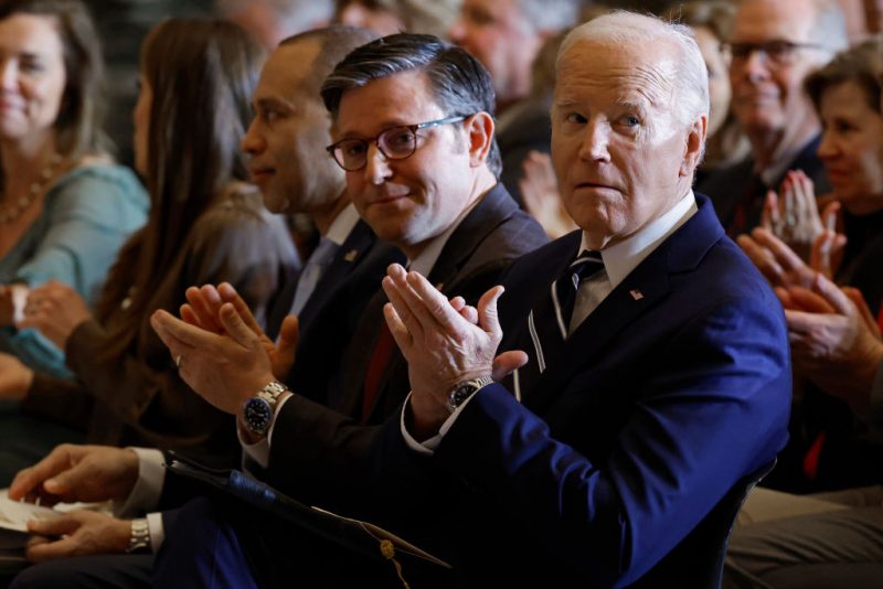 WASHINGTON, DC - FEBRUARY 01: U.S. President Joe Biden (R) and Speaker of the House Mike Johnson (R-LA) applaud for Andrea Bocelli after he performed "Amazing Grace" during the annual National Prayer Breakfast in Statuary Hall in the U.S. Capitol on February 01, 2024 in Washington, DC. The gathering of elite political, social and business leaders has been attended by every president since Dwight D. Eisenhower. This is the first year the event is being hosted by the National Prayer Breakfast Foundation inside the Capitol after being controlled for decades by the Christian evangelical group the Fellowship Foundation. (Photo by Chip Somodevilla/Getty Images)