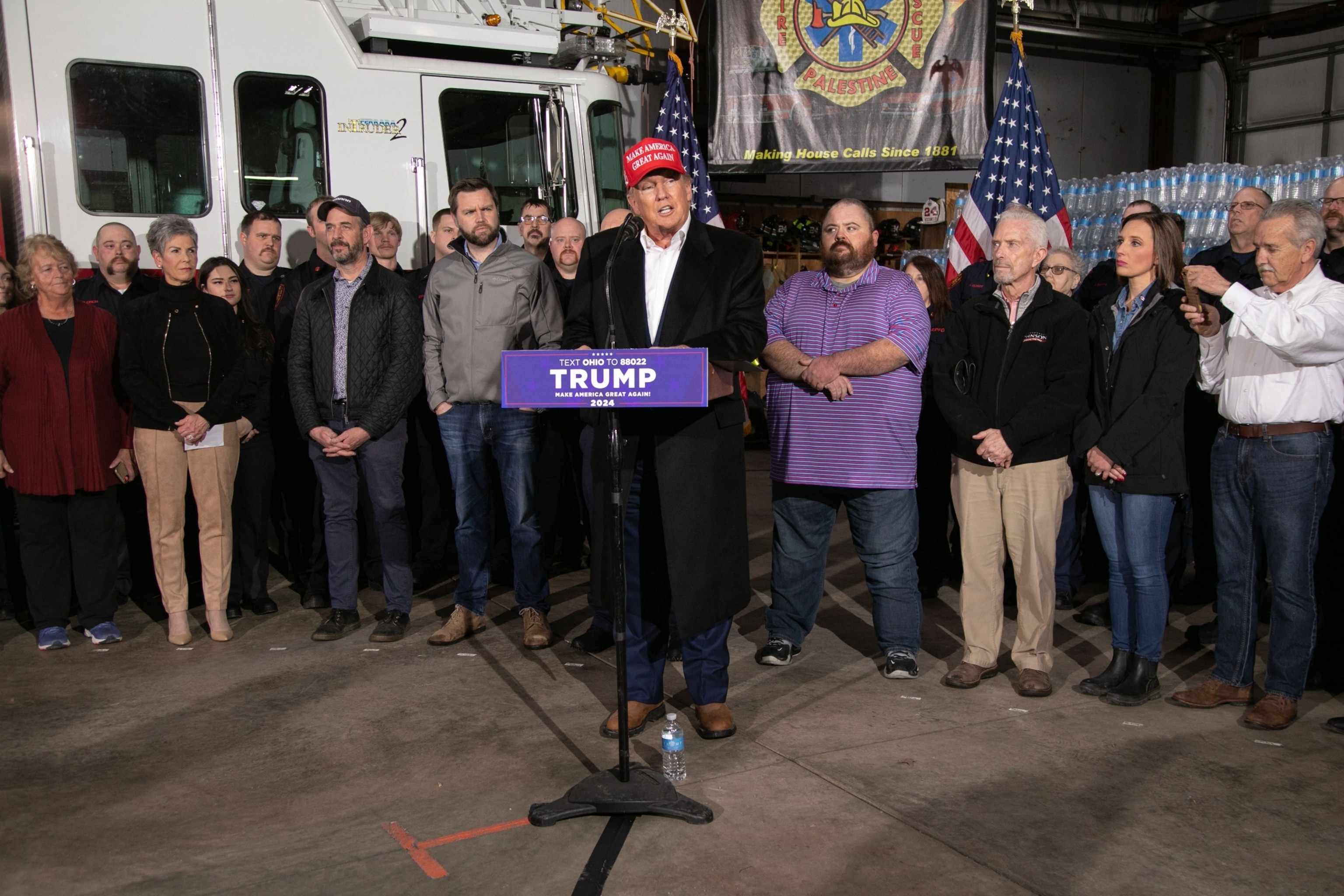PHOTO: Former President Donald Trump speaks at the East Palestine Fire Department in East Palestine, Ohio, on Feb. 22, 2023.