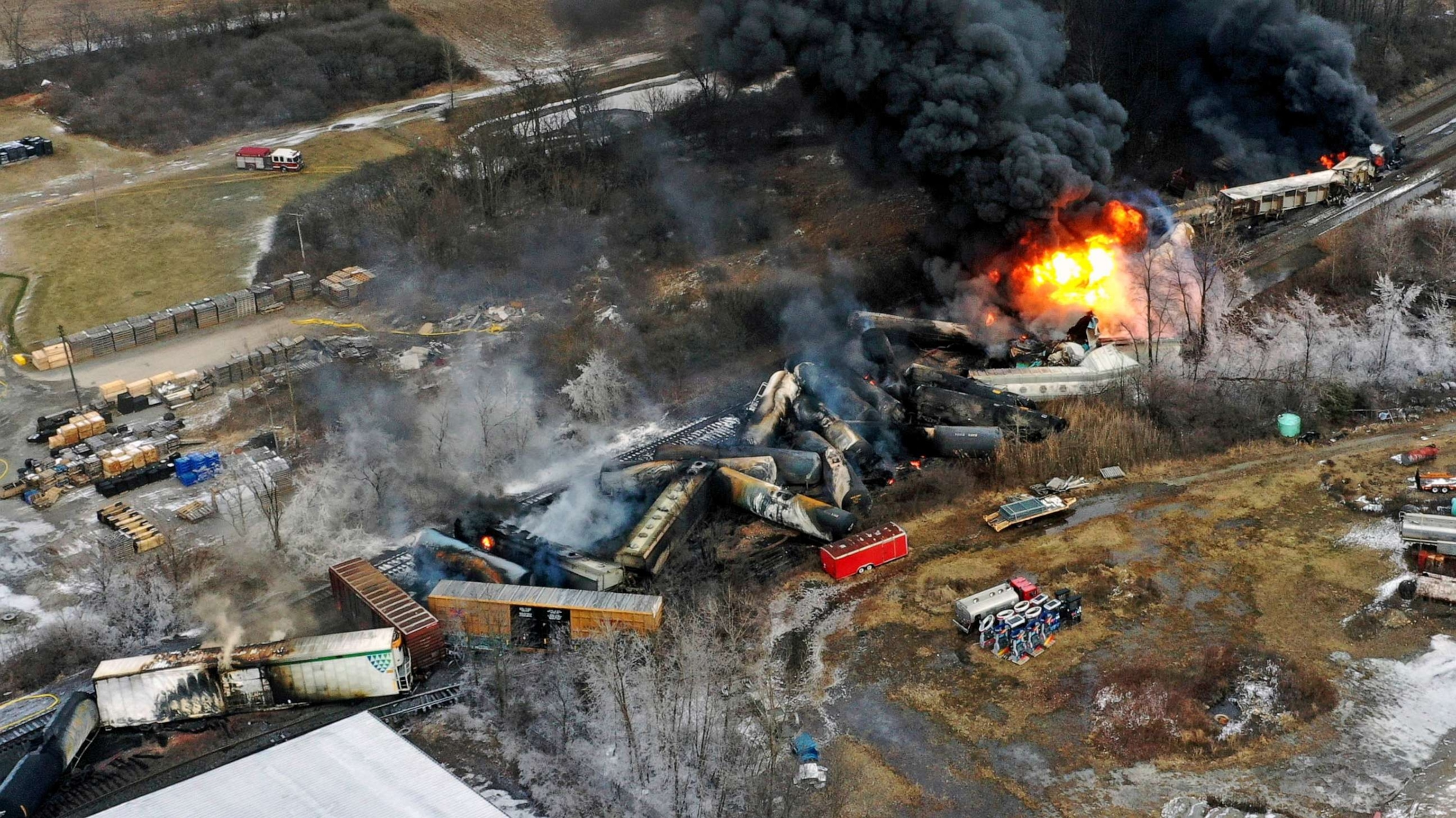 PHOTO: FILE - In this photo taken with a drone, portions of a Norfolk Southern freight train that derailed the previous night in East Palestine, Ohio, remain on fire at mid-day on Feb. 4, 2023.