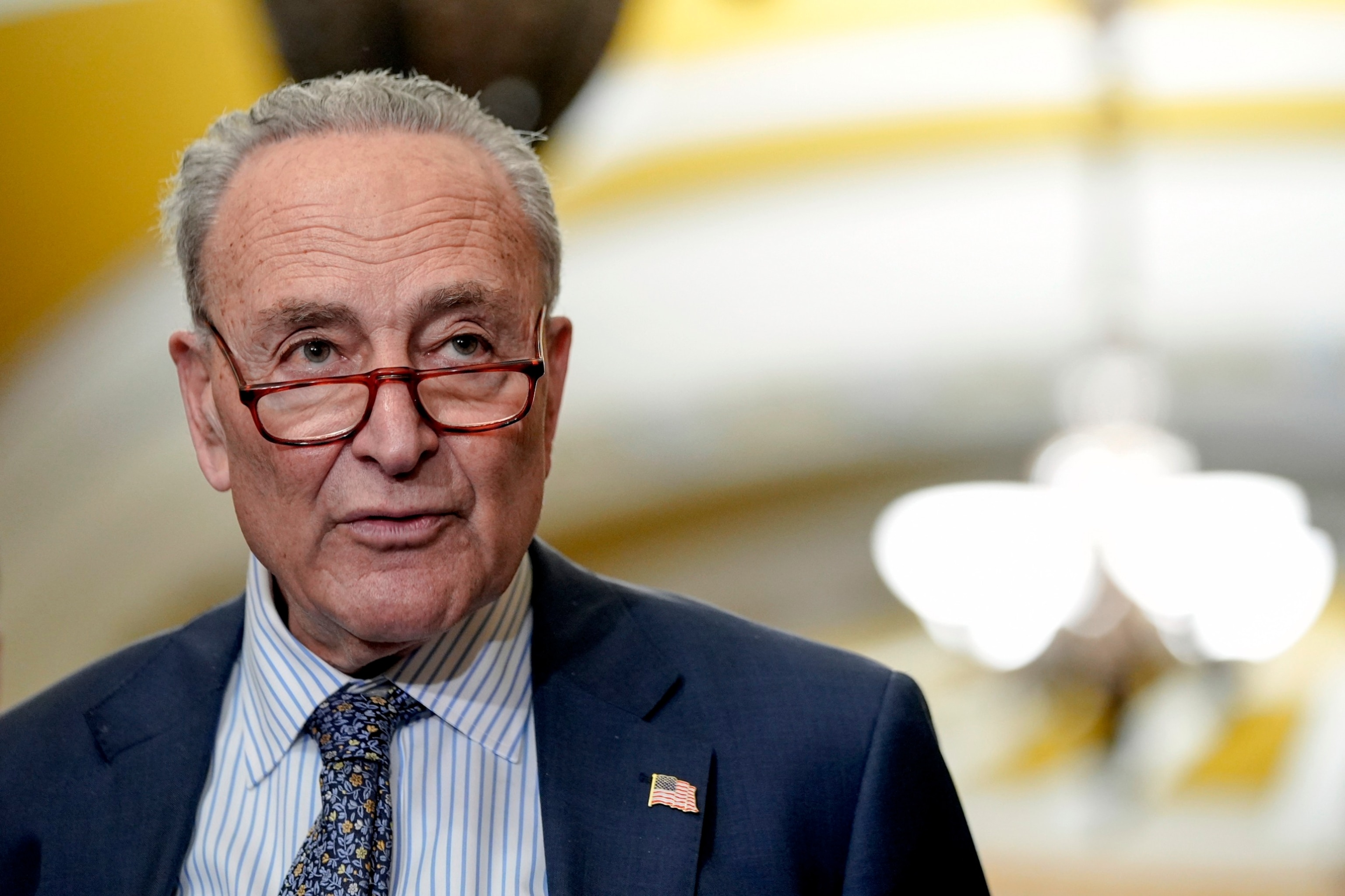 PHOTO: Sen. Majority Leader Chuck Schumer talks after a policy luncheon on Capitol Hill, Feb. 27, 2024, in Washington.