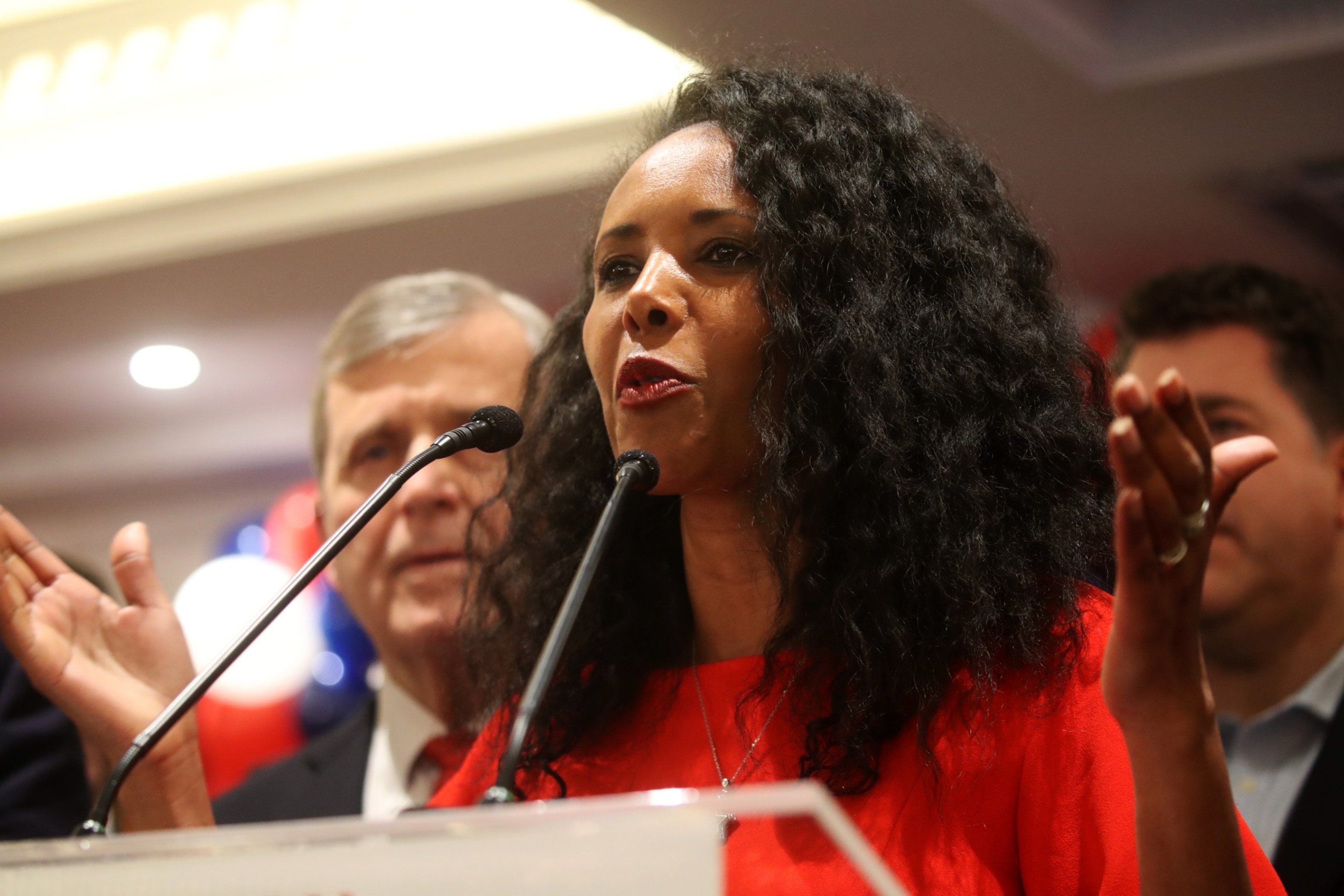 PHOTO: Mazi Pilip attends an election-night watch party after losing her race in a special election to replace former Republican Rep. George Santos on February 13, 2024 in East Meadow, New York.