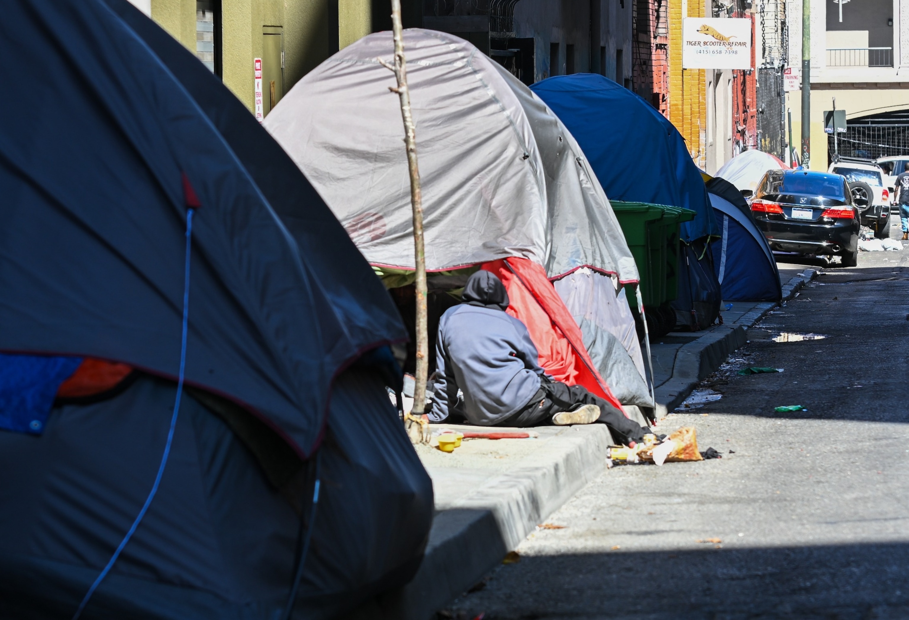 PHOTO: In this Aug. 27, 2023 file photo, a homeless encampment is seen in Tenderloin District of San Francisco.