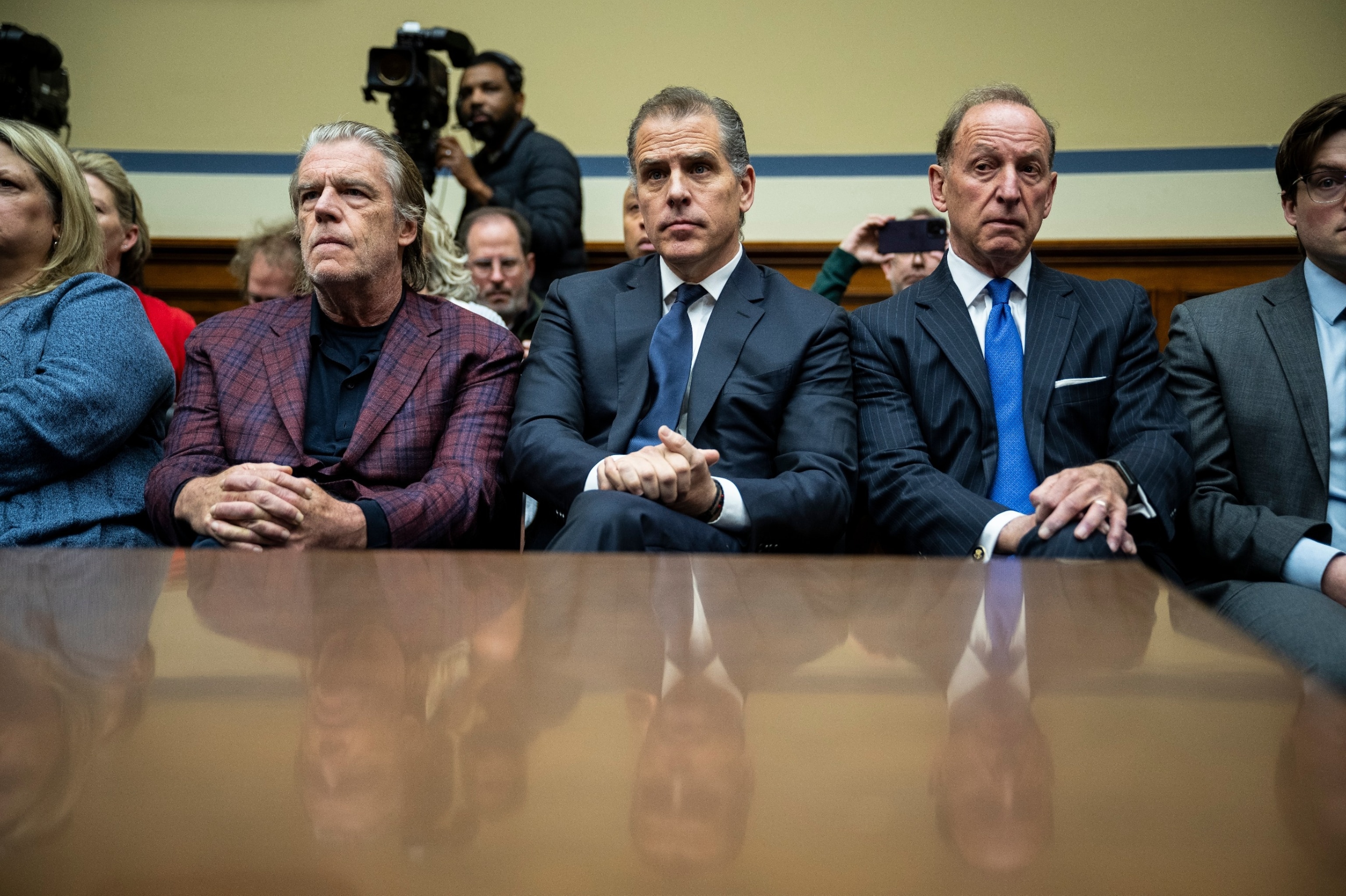 PHOTO: Hunter Biden, son of President Joe Biden, center, with attorneys Kevin Morris, left, and Abbe Lowell, right, during a House Oversight Committee markup on Capitol Hill, Jan. 10, 2024. 