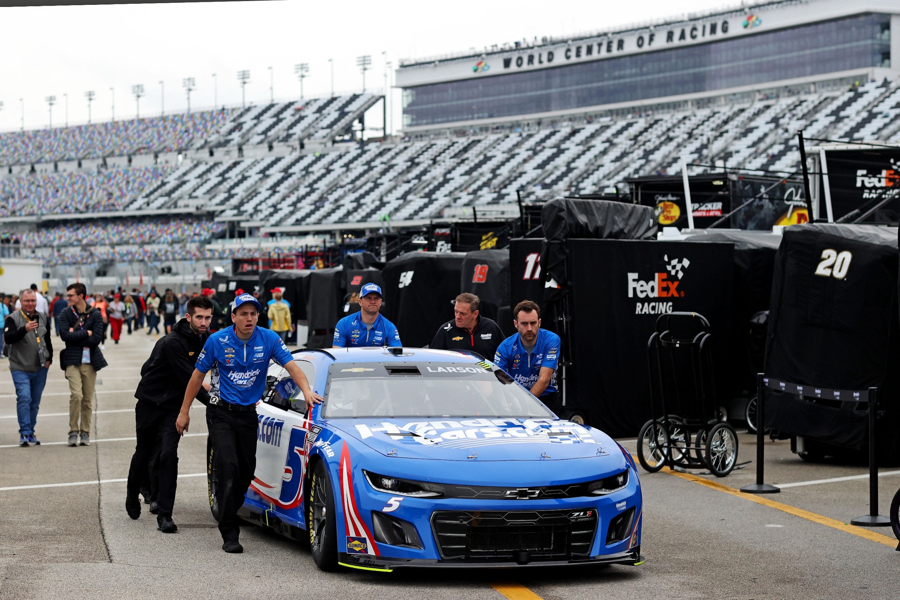 PHOTO: The car of driver Kyle Larson after practice for the Daytona 500 was cancelled because of rain at Daytona International Speedway, Daytona Beach, FL, Feb. 17, 2024.