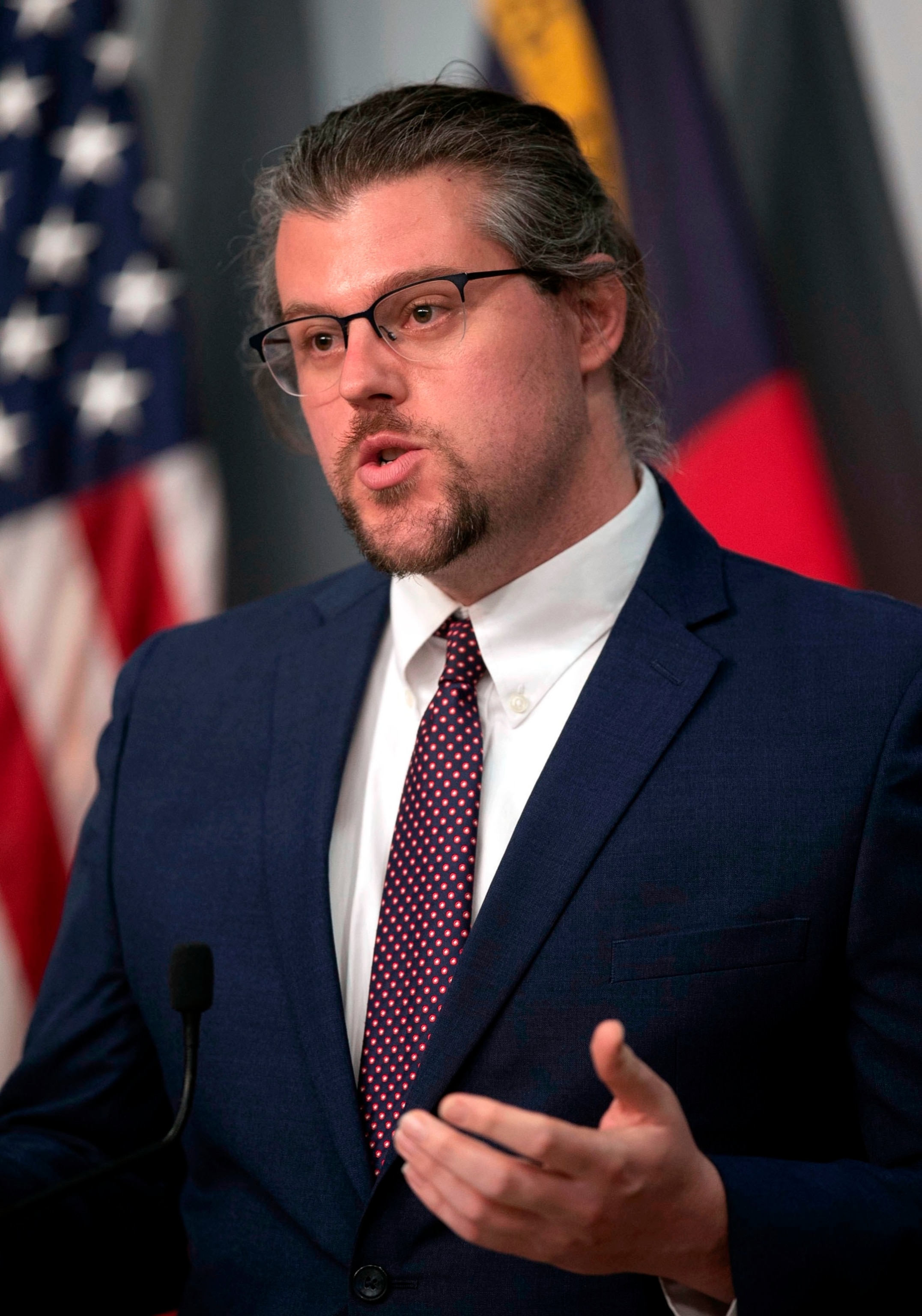 PHOTO: In this Feb. 18, 2021, file photo, Kody Kinsley, Deputy Secretary of Health & Human Service, speaks during a press conference at the Emergency Operations Center in Raleigh, N.C.