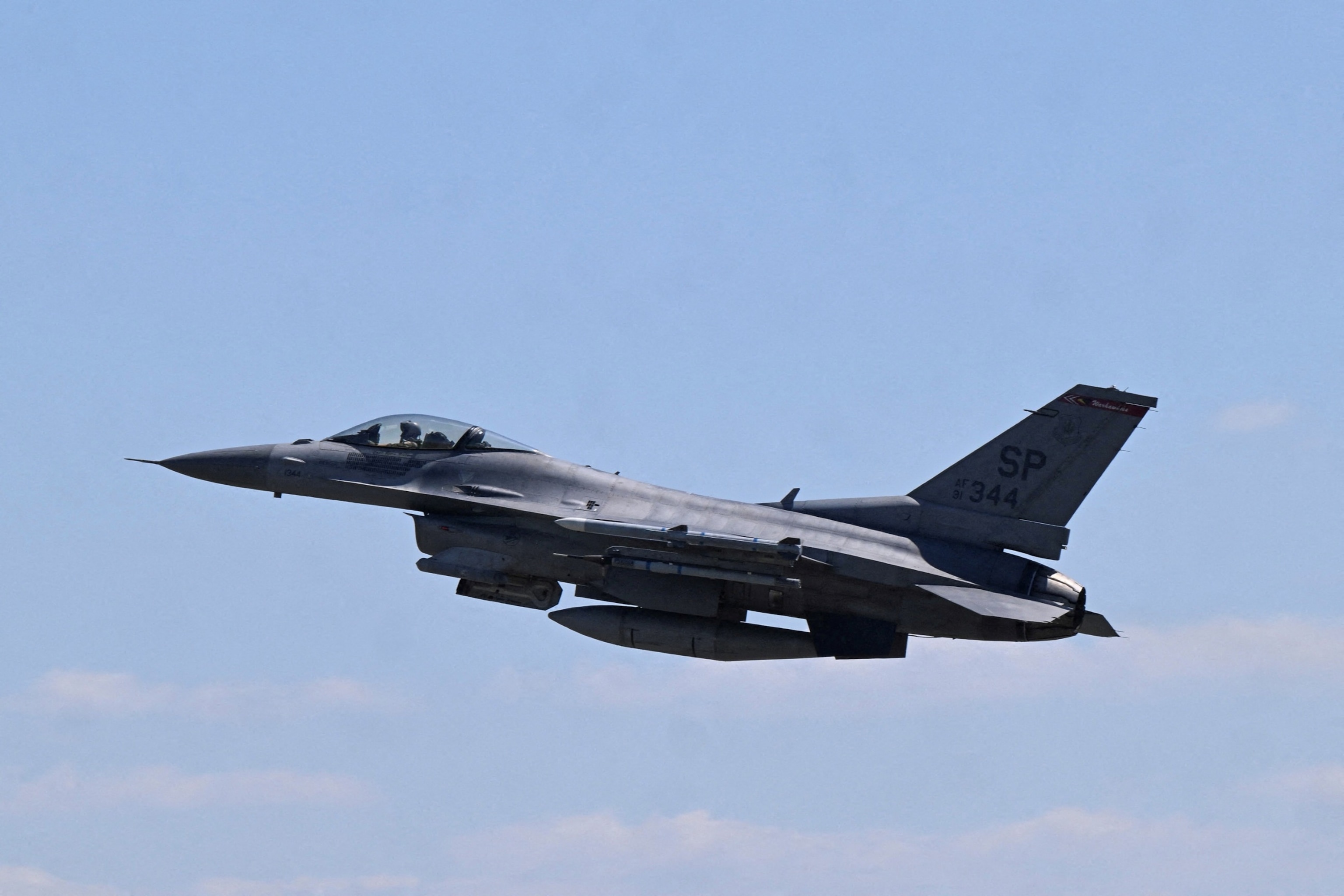 PHOTO: In this June 14, 2023, file photo, an F-16 fighter jet takes off during a military exercise at Spangdahlem U.S. Air Base in Spangdahlem, Germany.