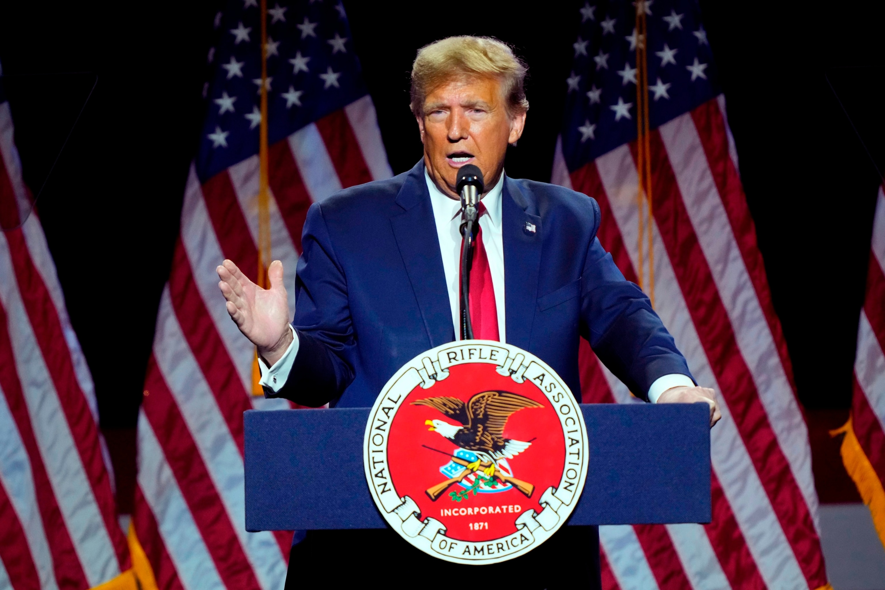 PHOTO: Republican presidential candidate former President Donald Trump speaks at the National Rifle Association's Presidential Forum, in Harrisburg, Pa.,on Feb. 9, 2024. 