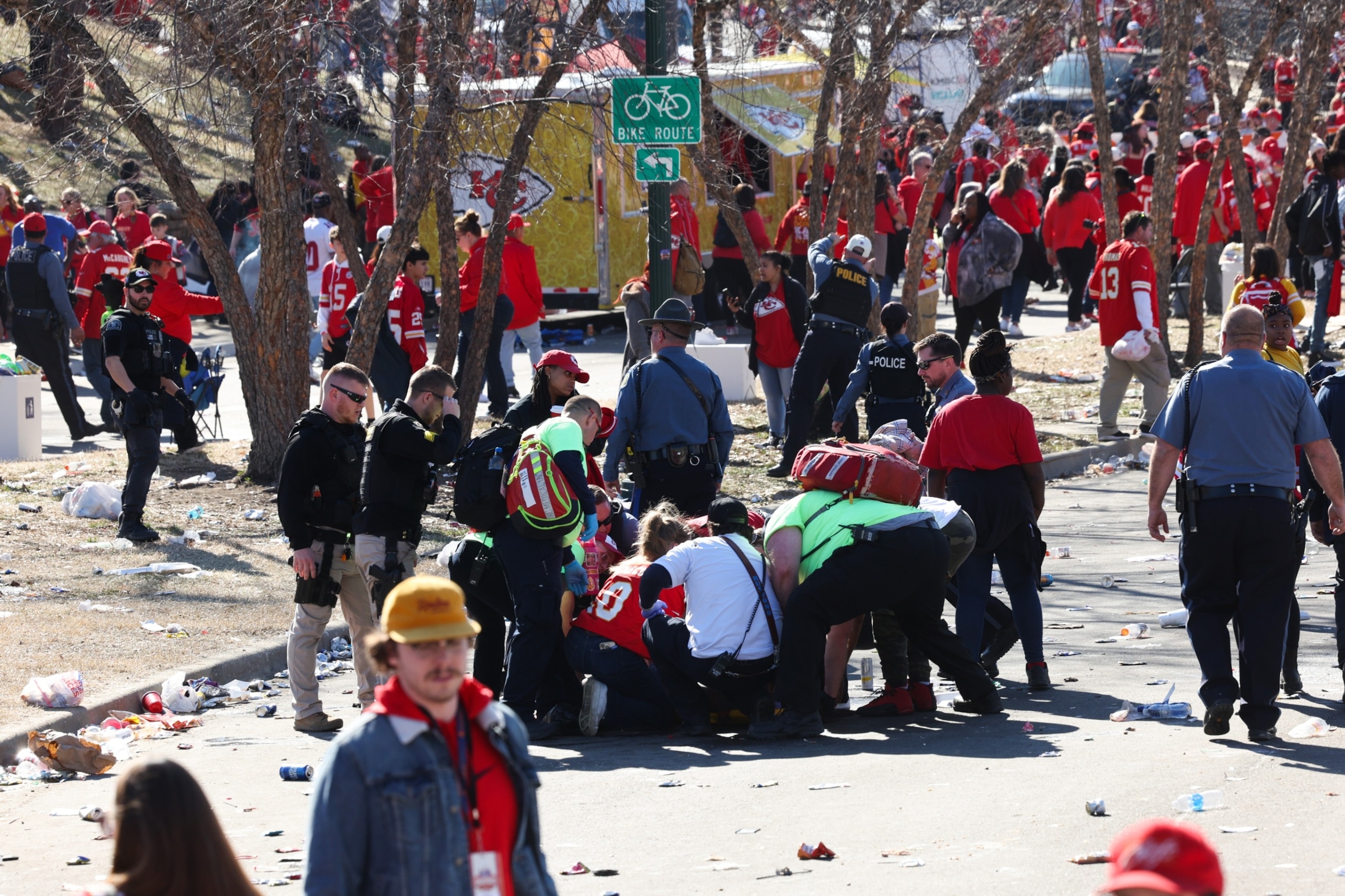 PHOTO: Law enforcement and medical personnel respond to a shooting at Union Station during the Kansas City Chiefs Super Bowl LVIII victory parade, Feb. 14, 2024, in Kansas City, Missouri. 