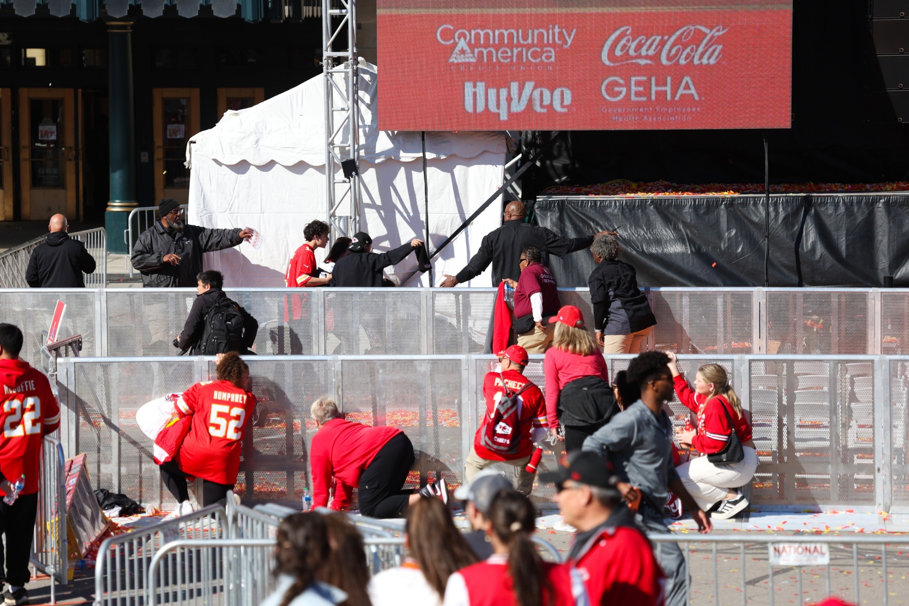 PHOTO: People take cover during a shooting at Union Station during the Kansas City Chiefs Super Bowl LVIII victory parade, Feb. 14, 2024, in Kansas City, Missouri.