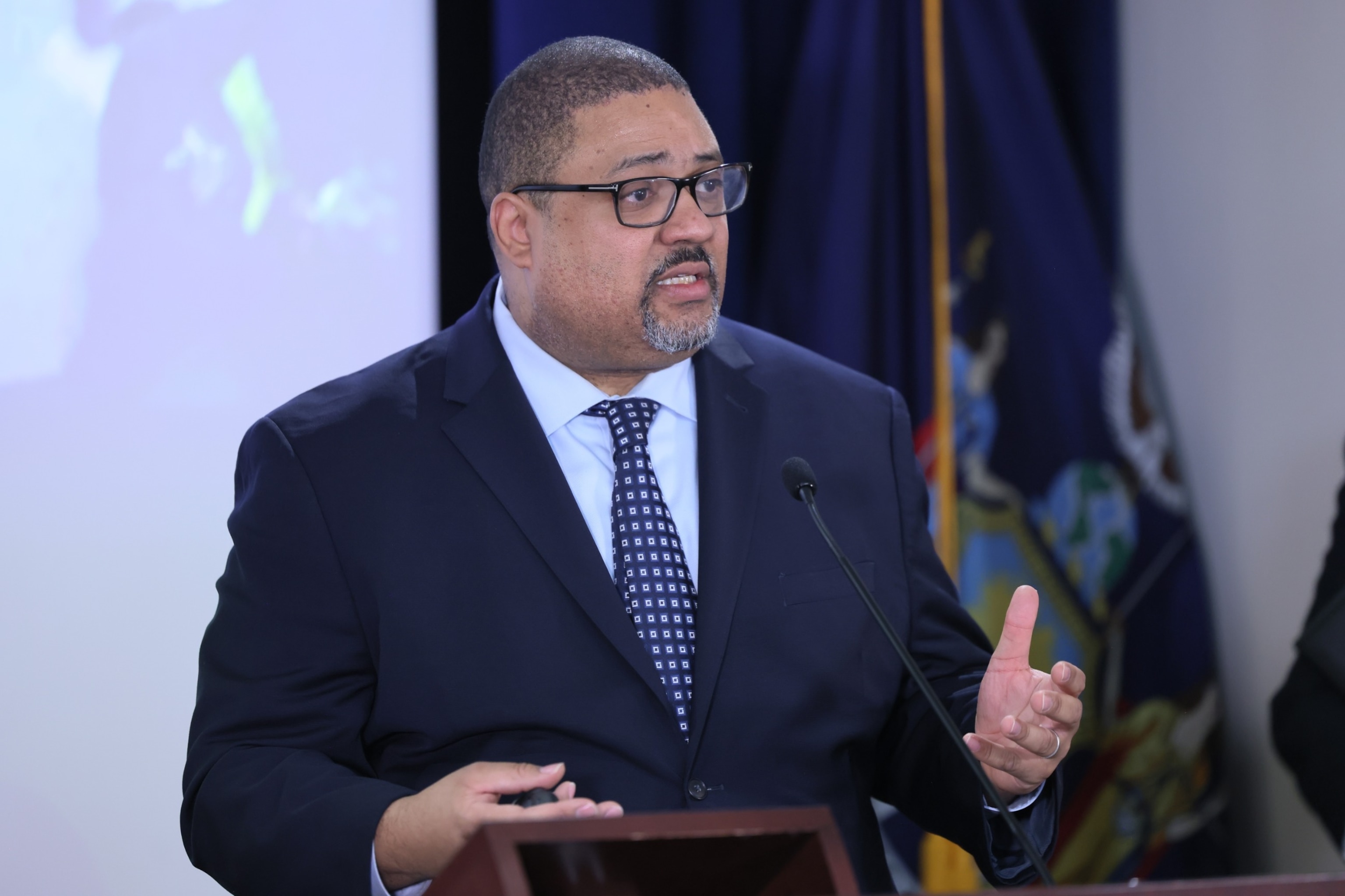 PHOTO: Manhattan District Attorney Alvin Bragg speaks during a press conference, Feb. 8, 2024, in New York.