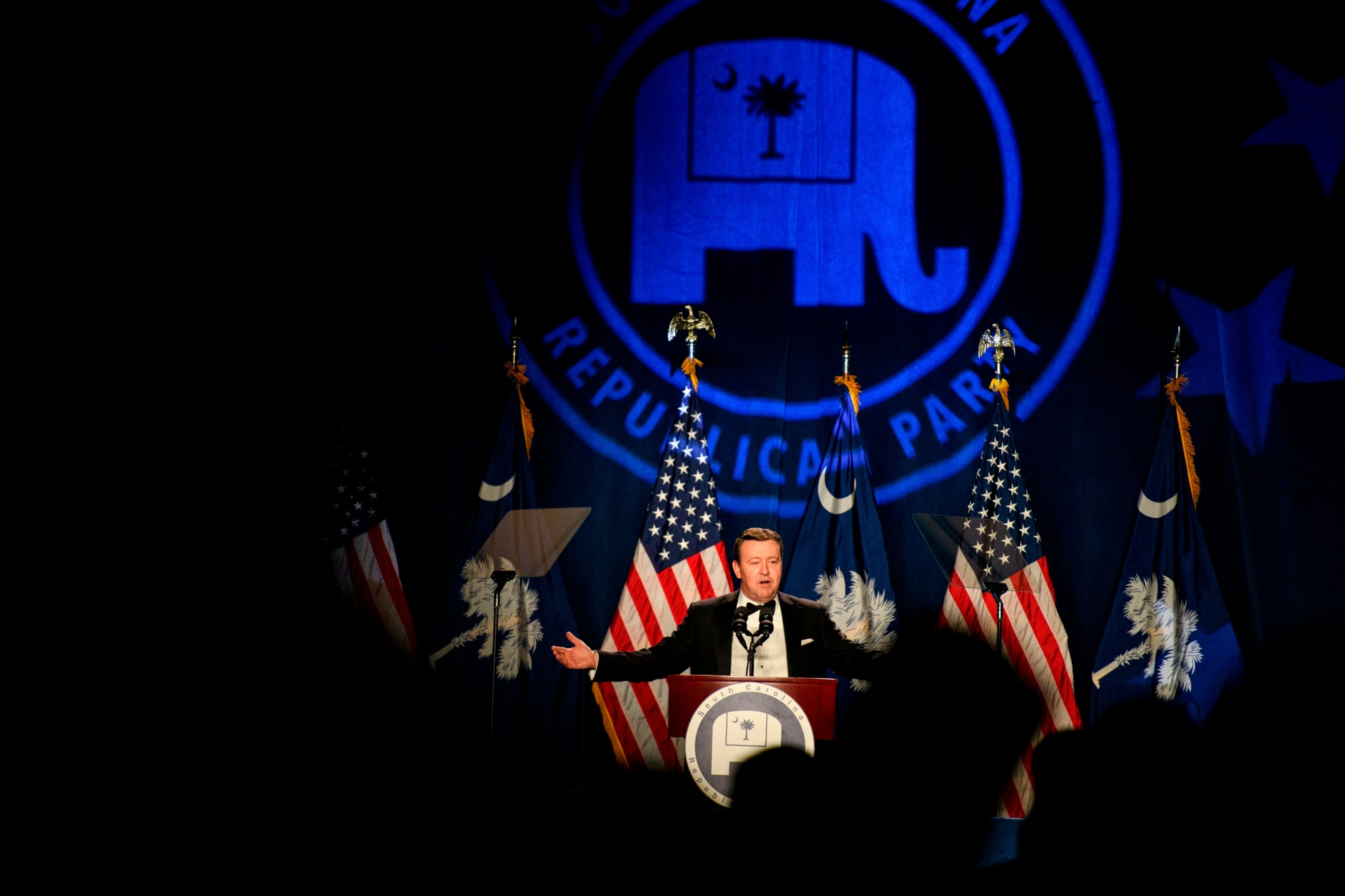 PHOTO: South Carolina Republican Party State Chairman, Drew McKissick, greets the crowd at the 56th Annual Silver Elephant Dinner hosted by the South Carolina Republican Party on Aug. 5, 2023 in Columbia, S.C.