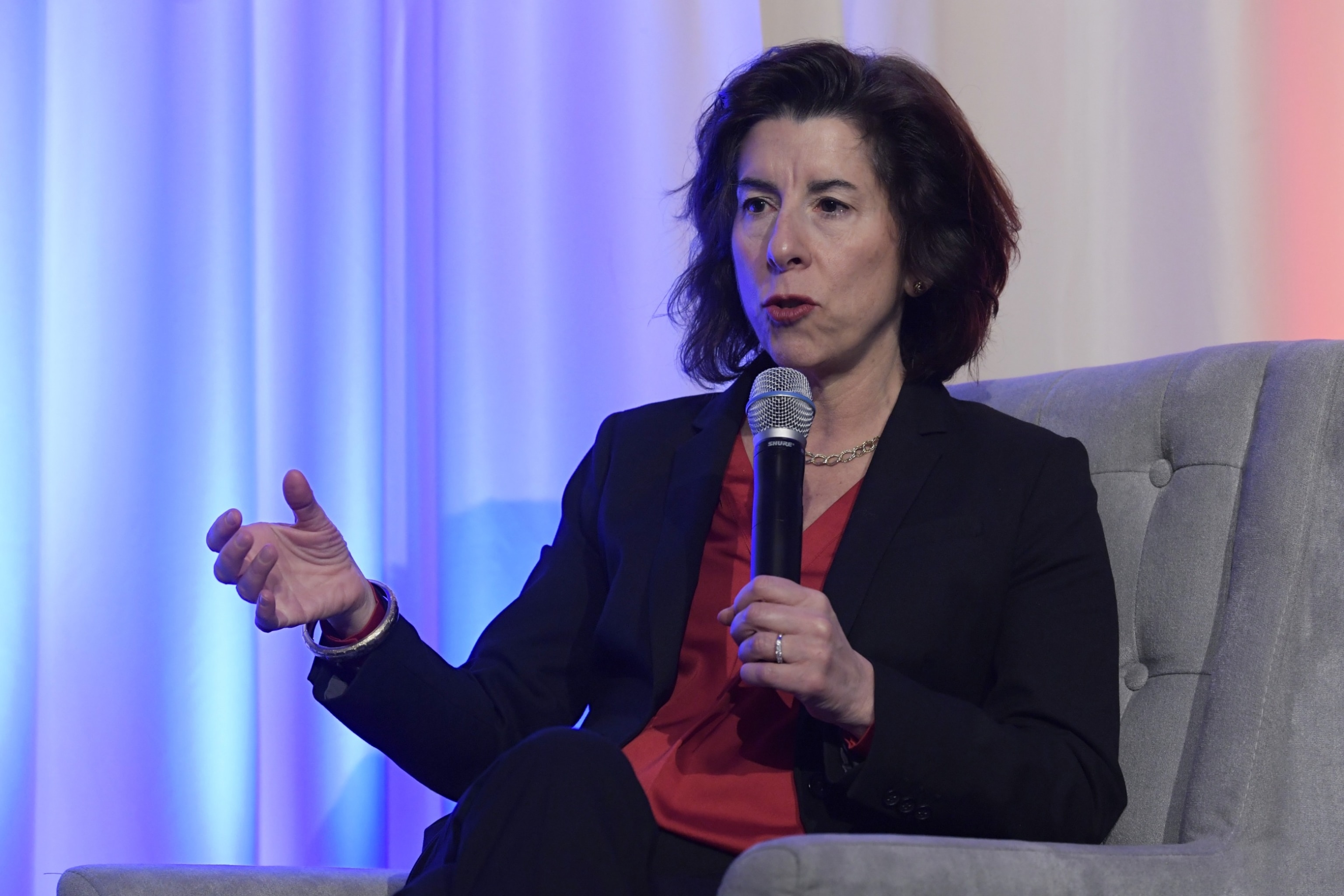 PHOTO: Secretary of Commerce Gina Raimondo speaks in the Ballroom of the Mayflower Hotel in Washington DC, on Feb. 14, 2024.