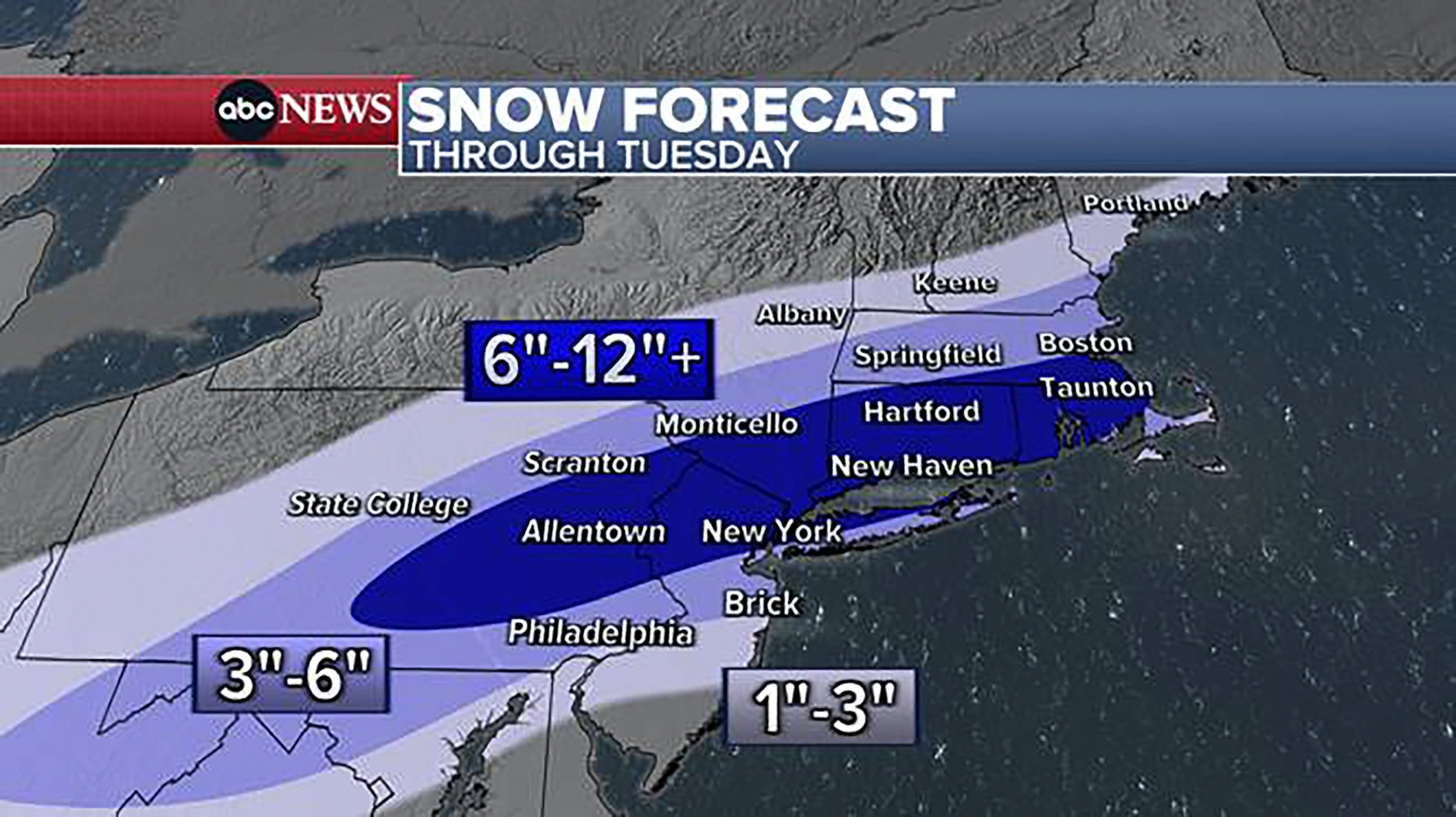 PHOTO: Snow forecast through Tuesday.