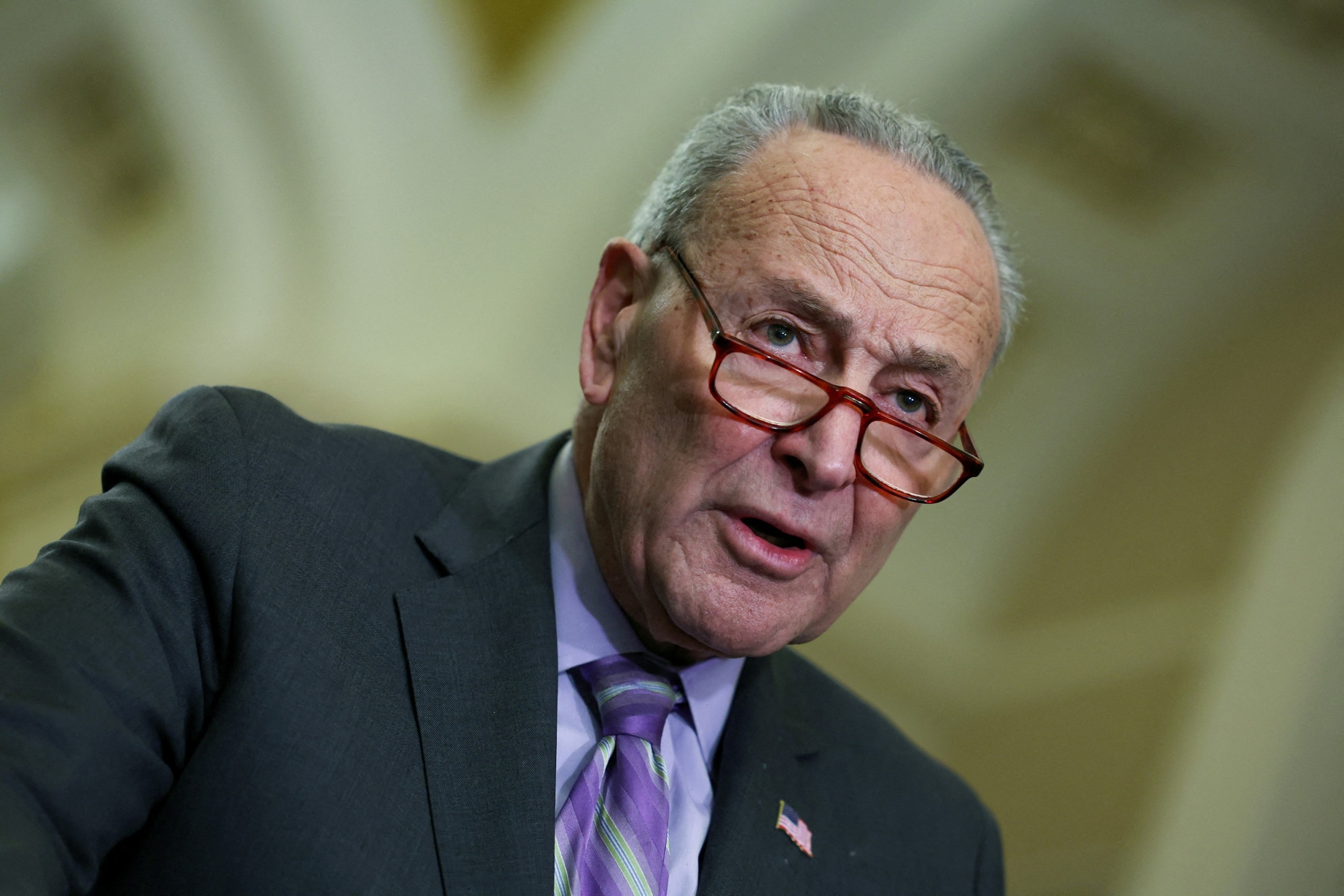 PHOTO: Senate Majority Leader Chuck Schumer speaks during the weekly Democratic Caucus lunch press conference at the Capitol building, Feb. 6, 2024. 