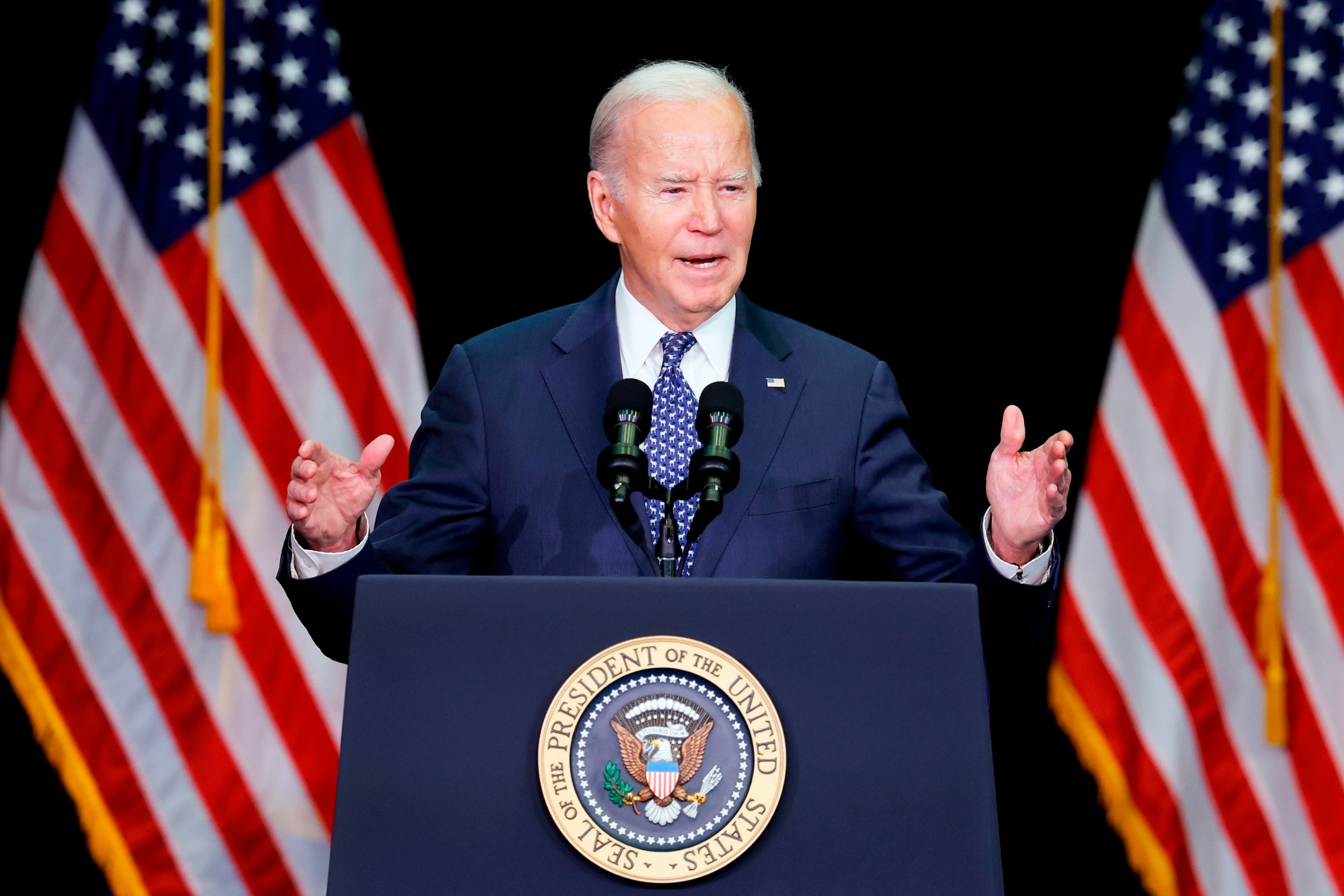 PHOTO: President Joe Biden speaks during the annual House Democrats 2024 Issues Conference, on Feb. 8, 2024, in Leesburg, Virginia. 