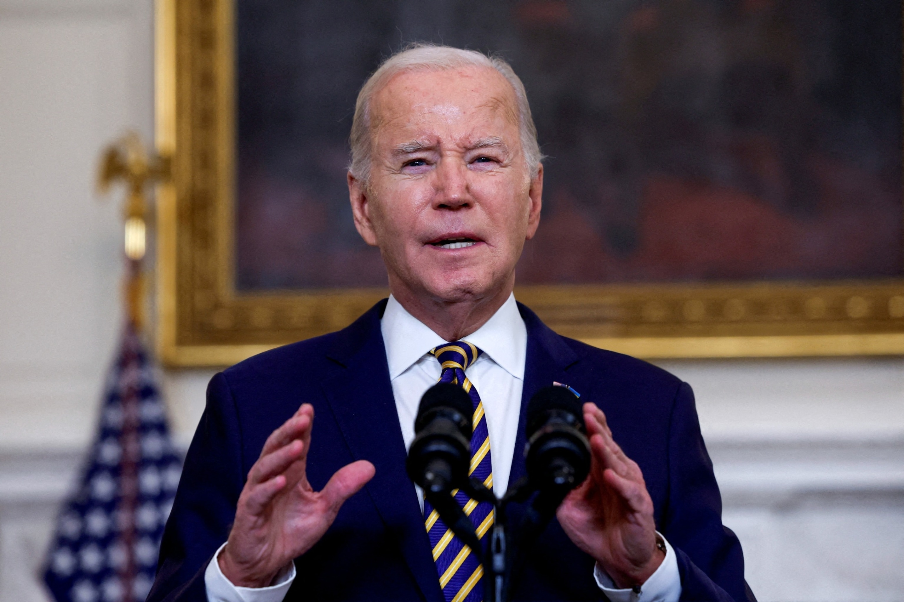 PHOTO: President Joe Biden delivers remarks urging Congress to pass the Emergency National Security Supplemental Appropriations Act in the State Dining Room at the White House in Washington, U.S., February 6, 2024.