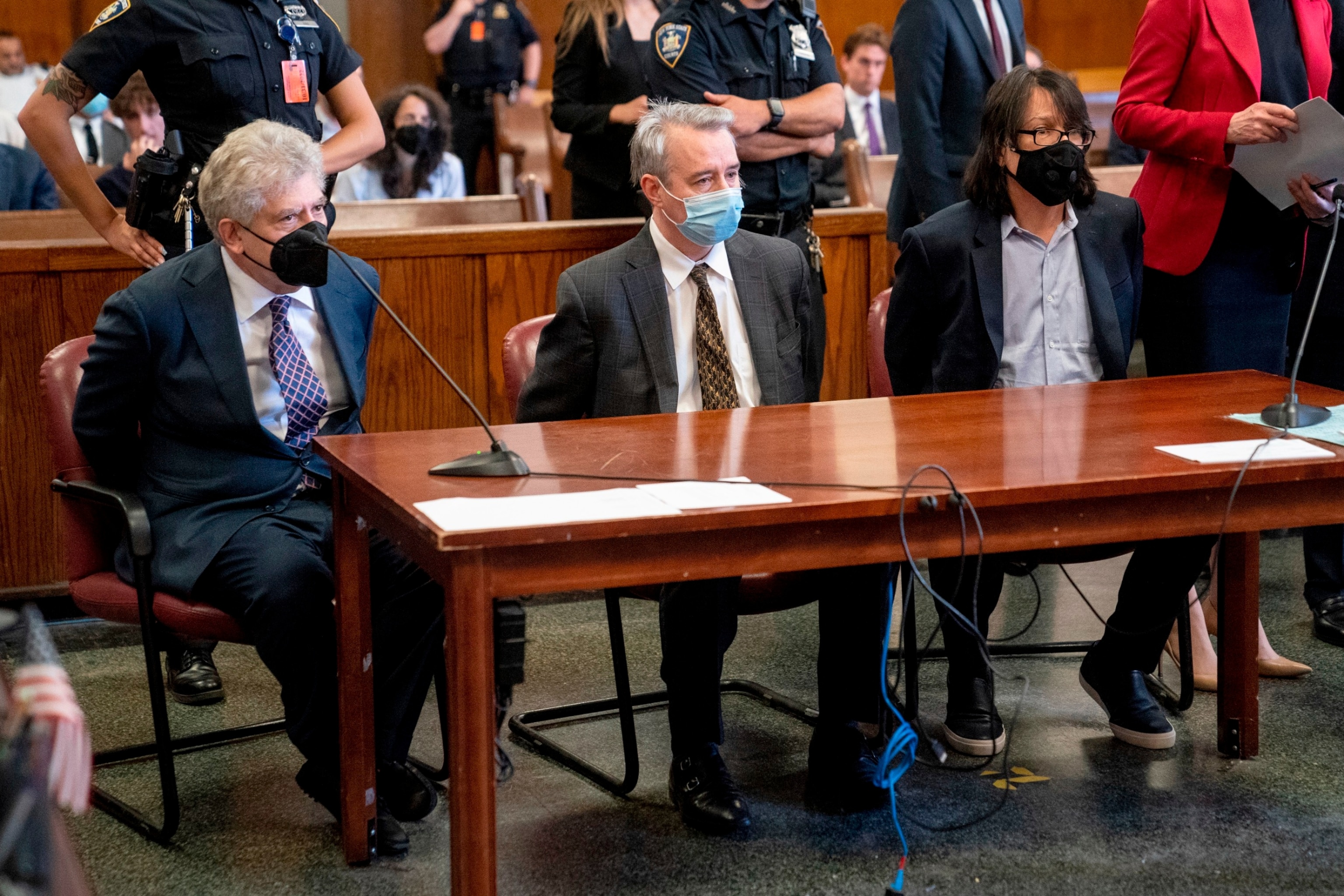 PHOTO: From left, Glenn Horowitz, Craig Inciardi and Edward Kosinski appear in criminal court after being indicted for conspiracy involving handwritten notes from the famous Eagles album "Hotel California," July 12, 2022, in New York.