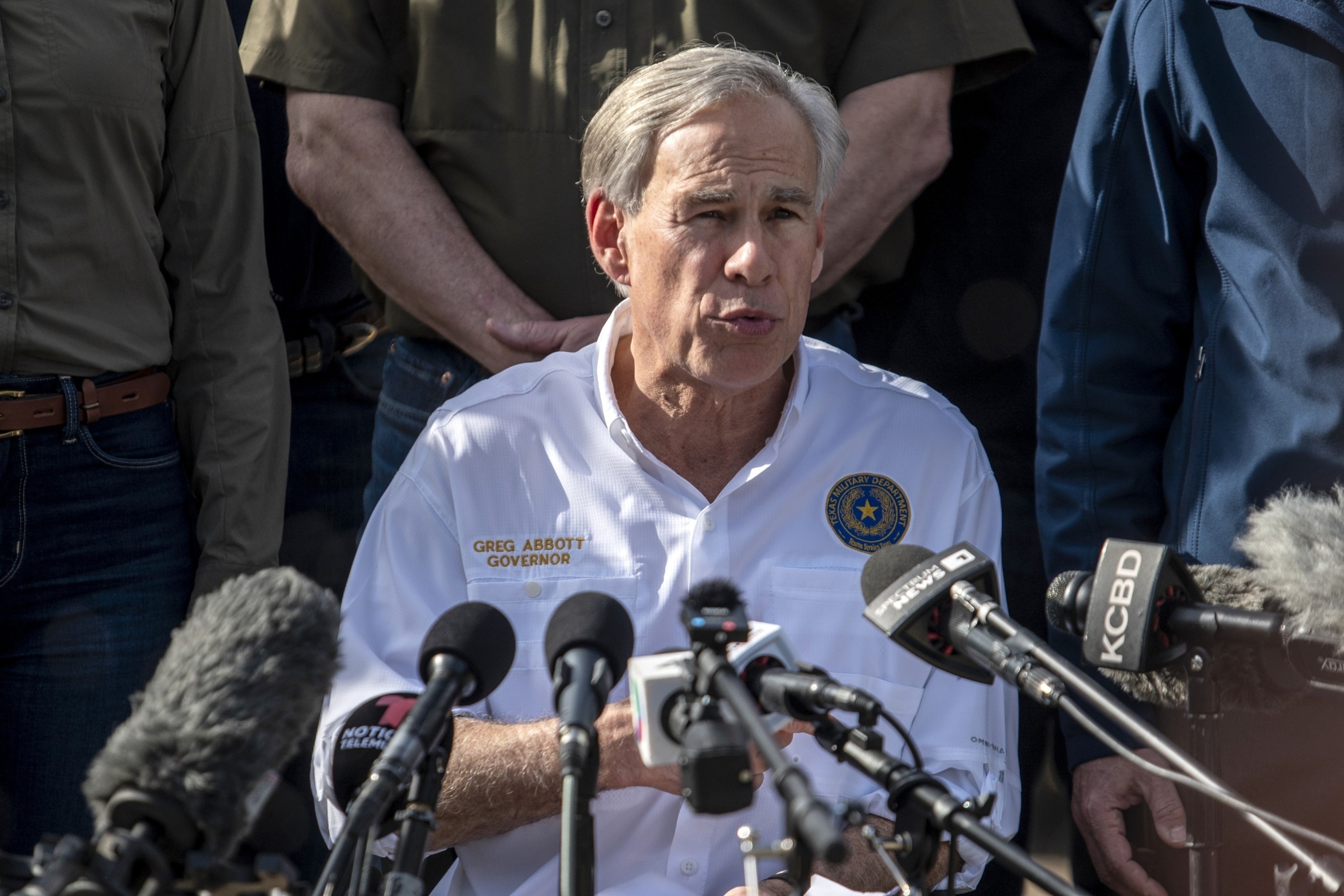 PHOTO: Greg Abbott, governor of Texas, during a news conference at Shelby Park along the Rio Grande River in Eagle Pass, Texas, Feb. 8, 2024.