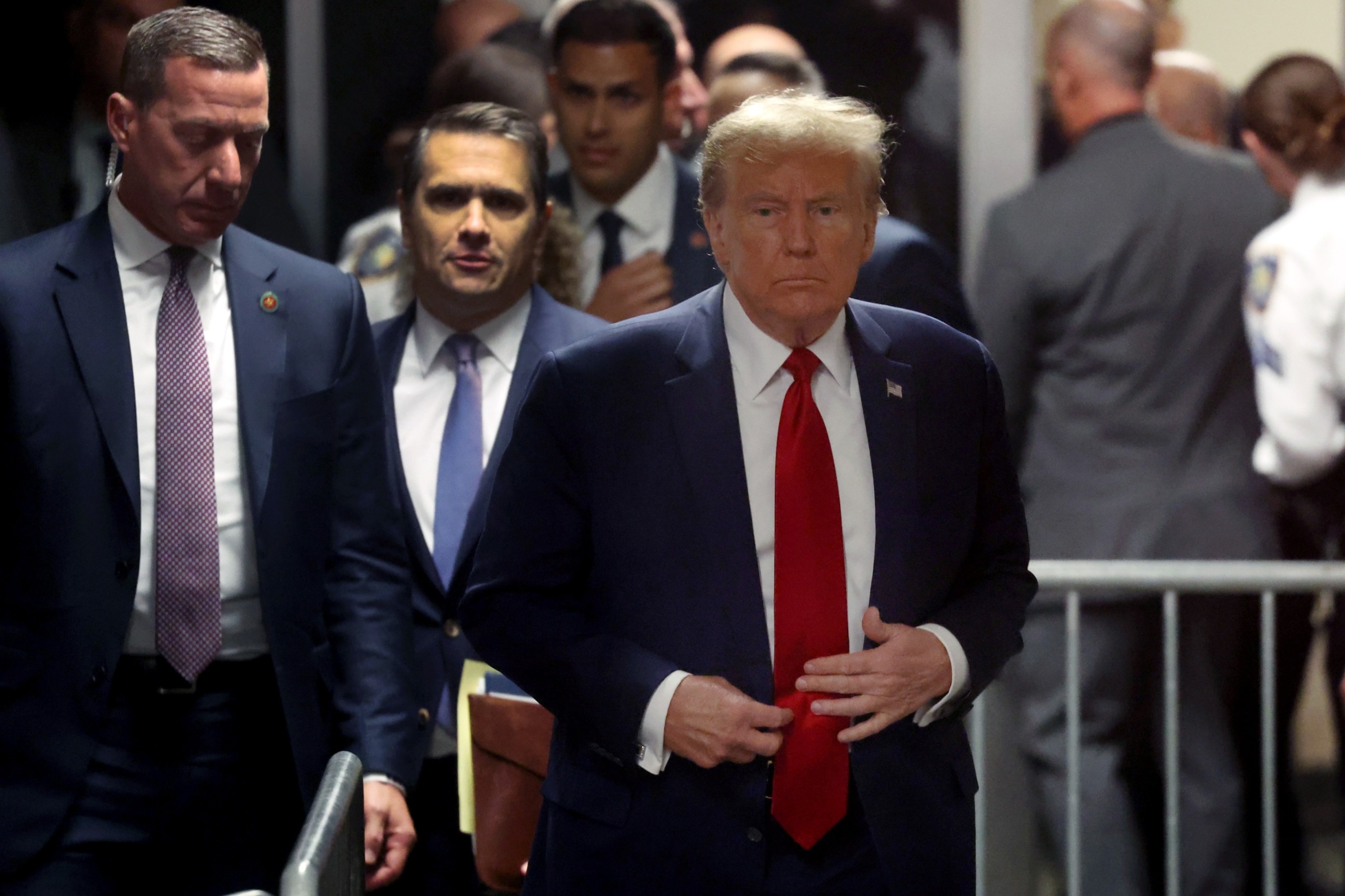 PHOTO: Republican presidential candidate, former President Donald Trump departs a pre-trial hearing in a hush-money case at Manhattan Criminal Court, Feb. 15, 2024, in New York.