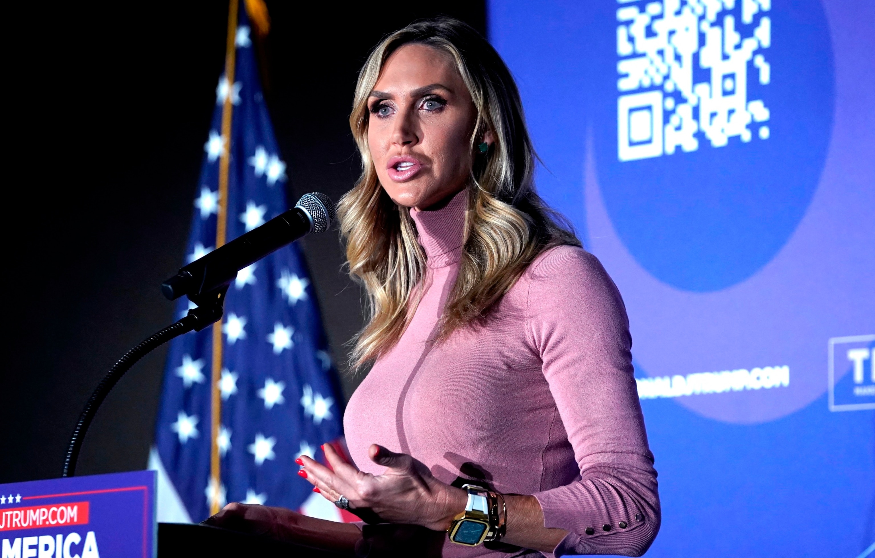 PHOTO: Lara Trump, daughter-in-law to former President and 2024 presidential hopeful Donald Trump, speaks at a VFW Hall in Beaufort, S.C., Feb. 21, 2024. 