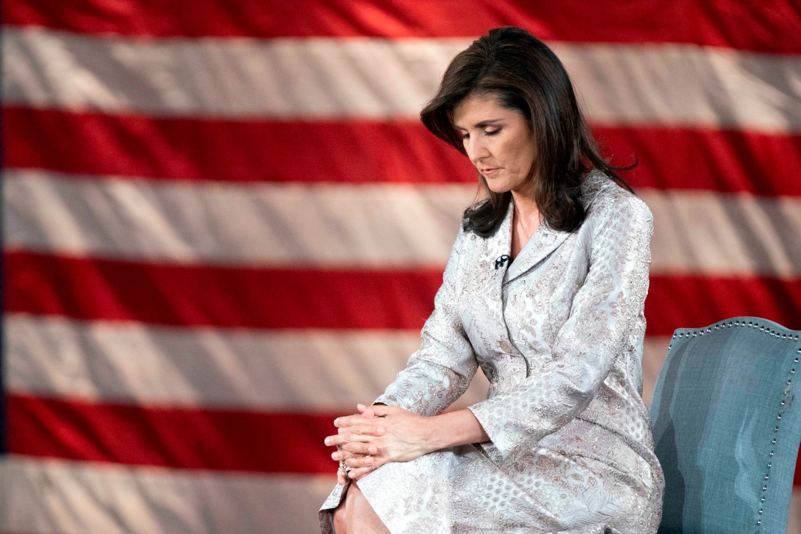 PHOTO: Republican presidential candidate and former UN Ambassador Nikki Haley looks down during a town hall meeting hosted by Fox News in Columbia, South Carolina, on February 18, 2024.