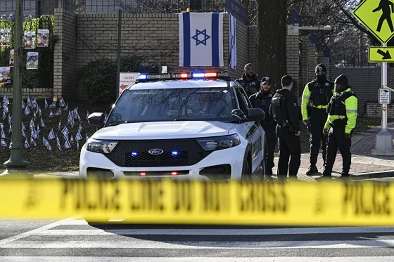 Police officers outside the Israeli Embassy in Washington on Feb. 25, 2024. Celal Gunes / Anadolu via Getty Images