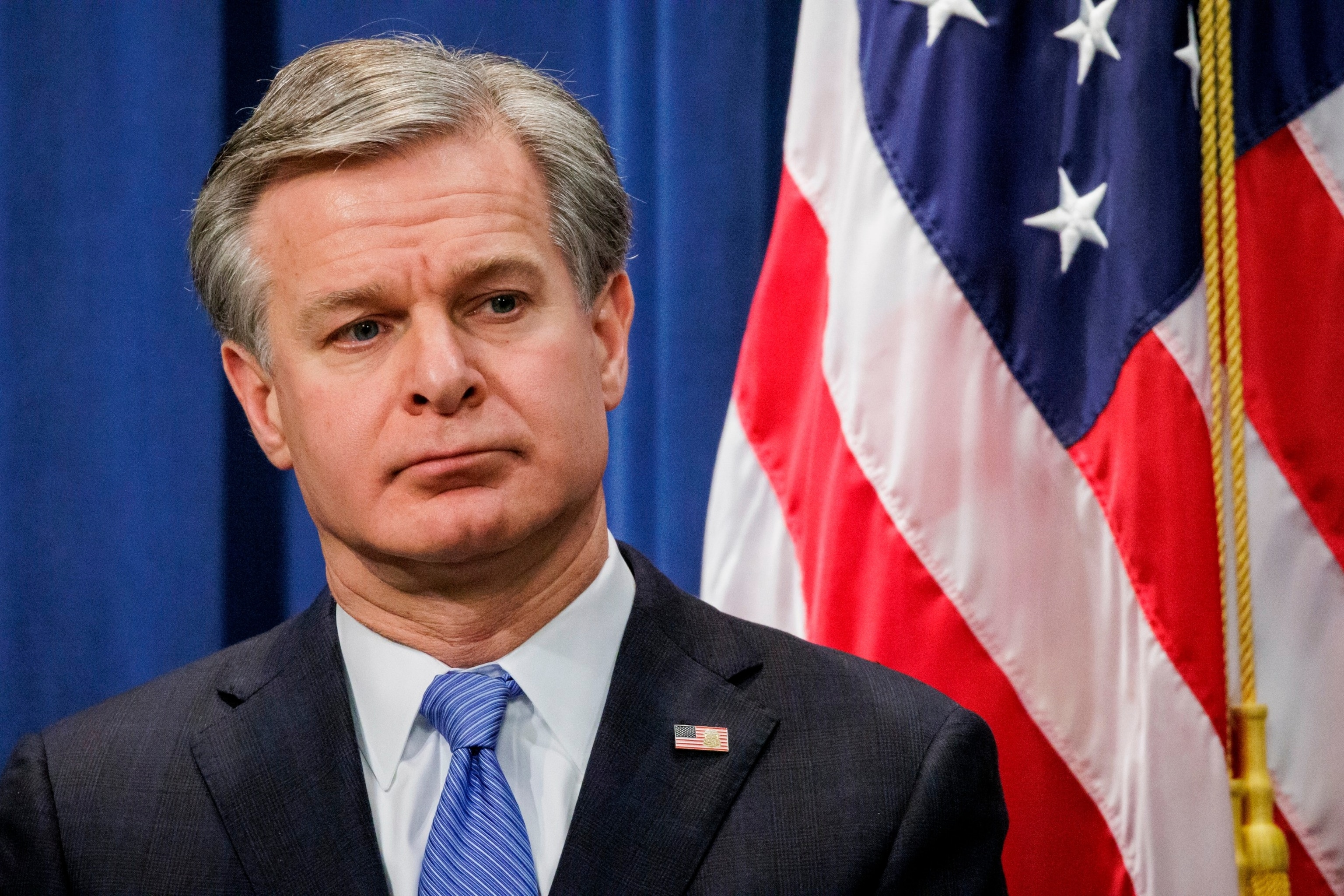 PHOTO: FBI Director Christopher Wray during a press conference at the U.S. Department of Justice on Dec. 6, 2023 in Washington, DC. 