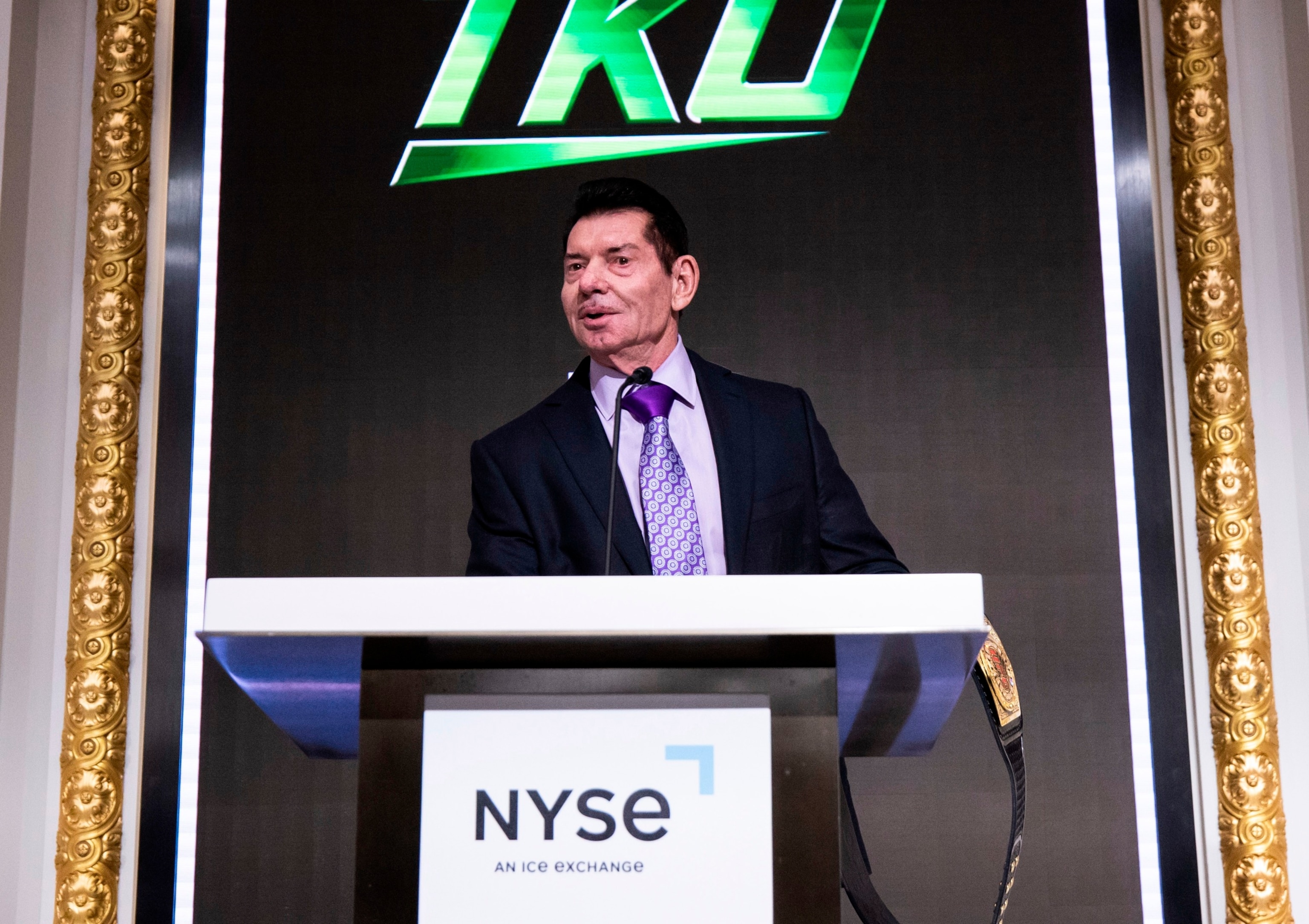 PHOTO: Vince McMahon is seen during a ceremony announcing Dwayne "The Rock" Johnson has joined the Board of Directors for TKO at New York Stock Exchange on Jan. 23, 2024 in New York City. 