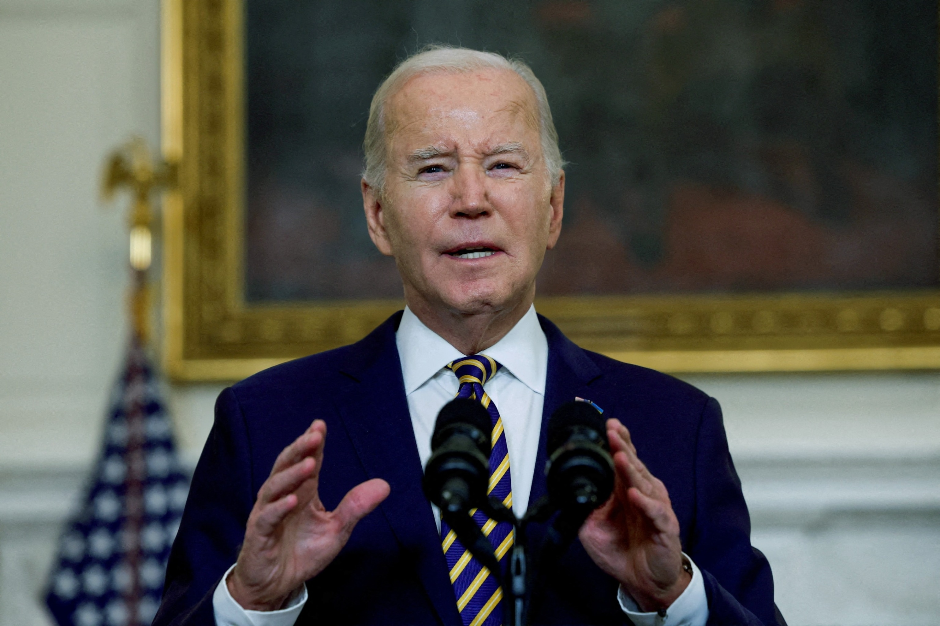 PHOTO: President Joe Biden delivers remarks urging Congress to pass the Emergency National Security Supplemental Appropriations Act in the State Dining Room at the White House, Feb. 6, 2024.