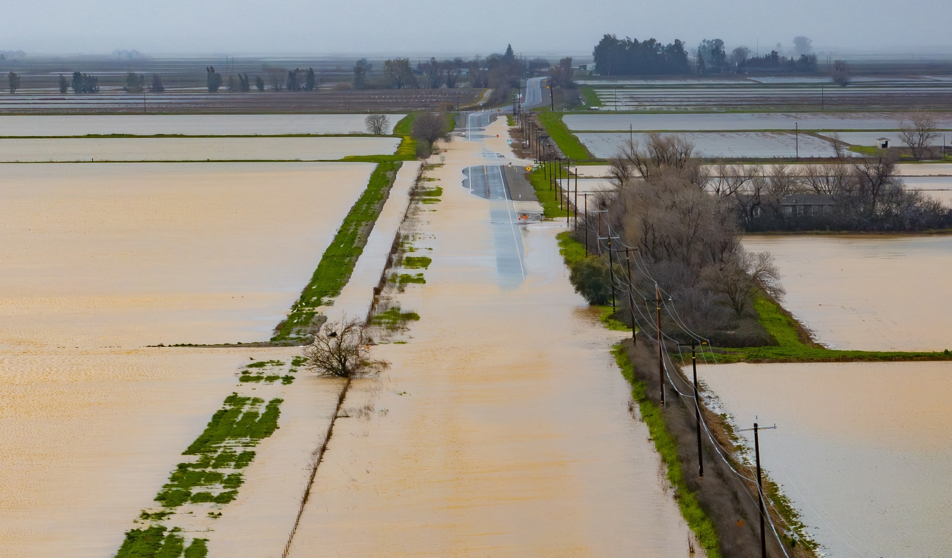 PHOTO: Biggs Willows Road is seen flooded and impassable in Willows, Calif., Feb. 19, 2024. 