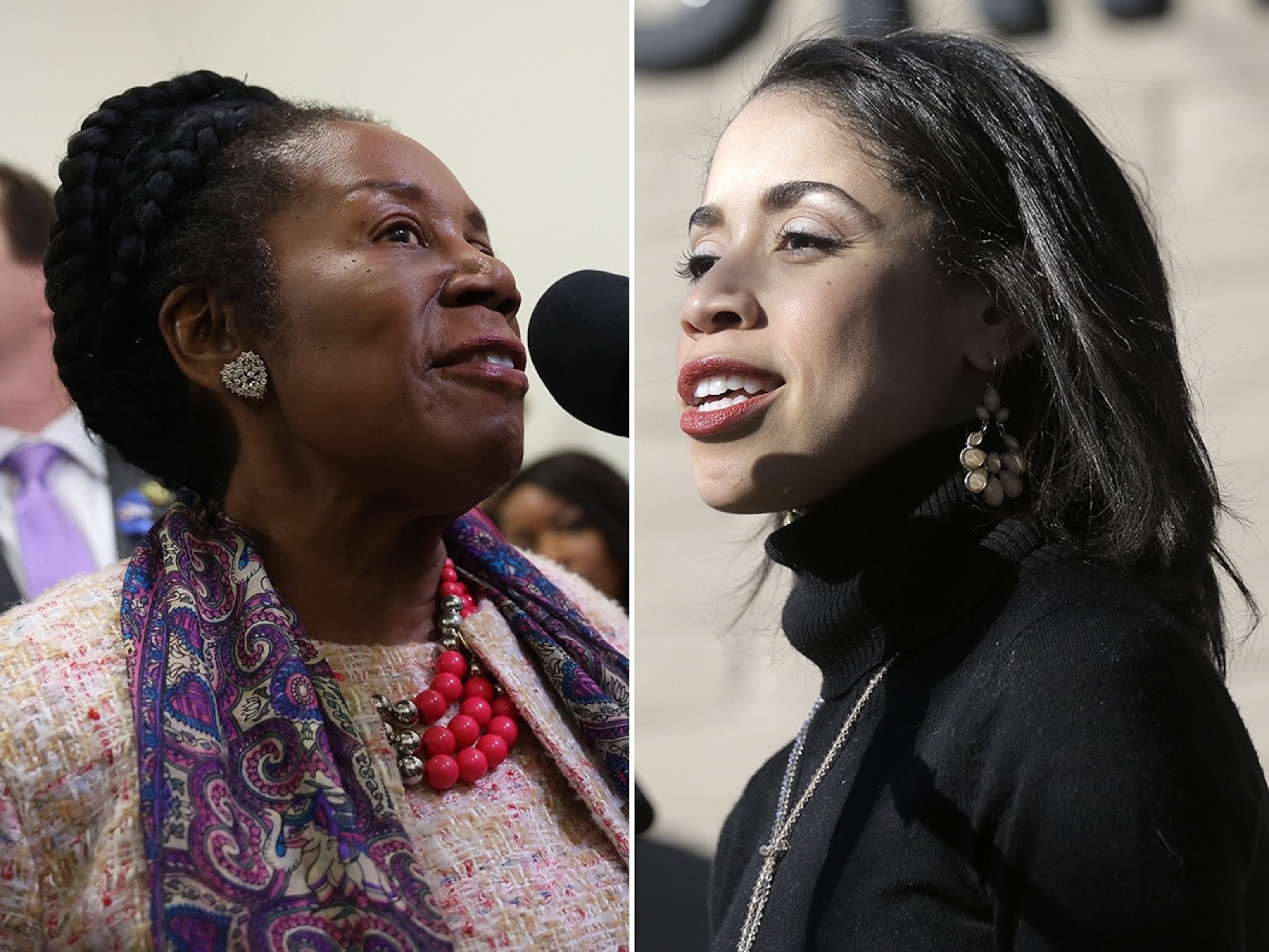 PHOTO: Rep. Sheila Jackson Lee speaks to reporters in the Rayburn House Office Building, Dec. 13, 2023. Houston Councilwoman Amanda Edwards talks during a mural dedication at The Beulah Shepard Library in Houston, Jan. 28, 2017.