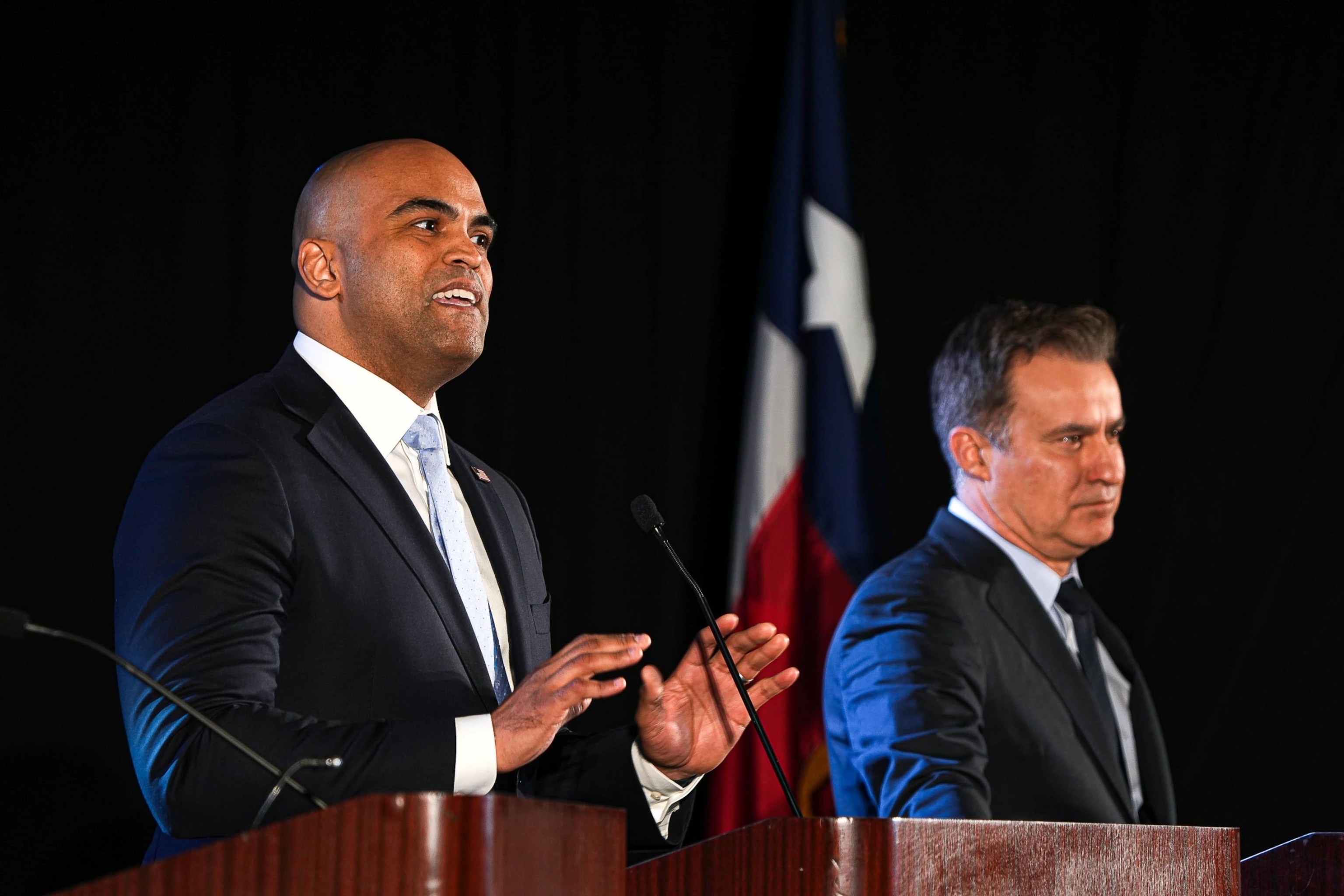 PHOTO: Rep. Colin Allred and Senator Roland Gutierrez during the Texas AFL-CIO COPE U.S. Senate Democrat Debate, Jan. 28, 2024, in Austin, Texas.