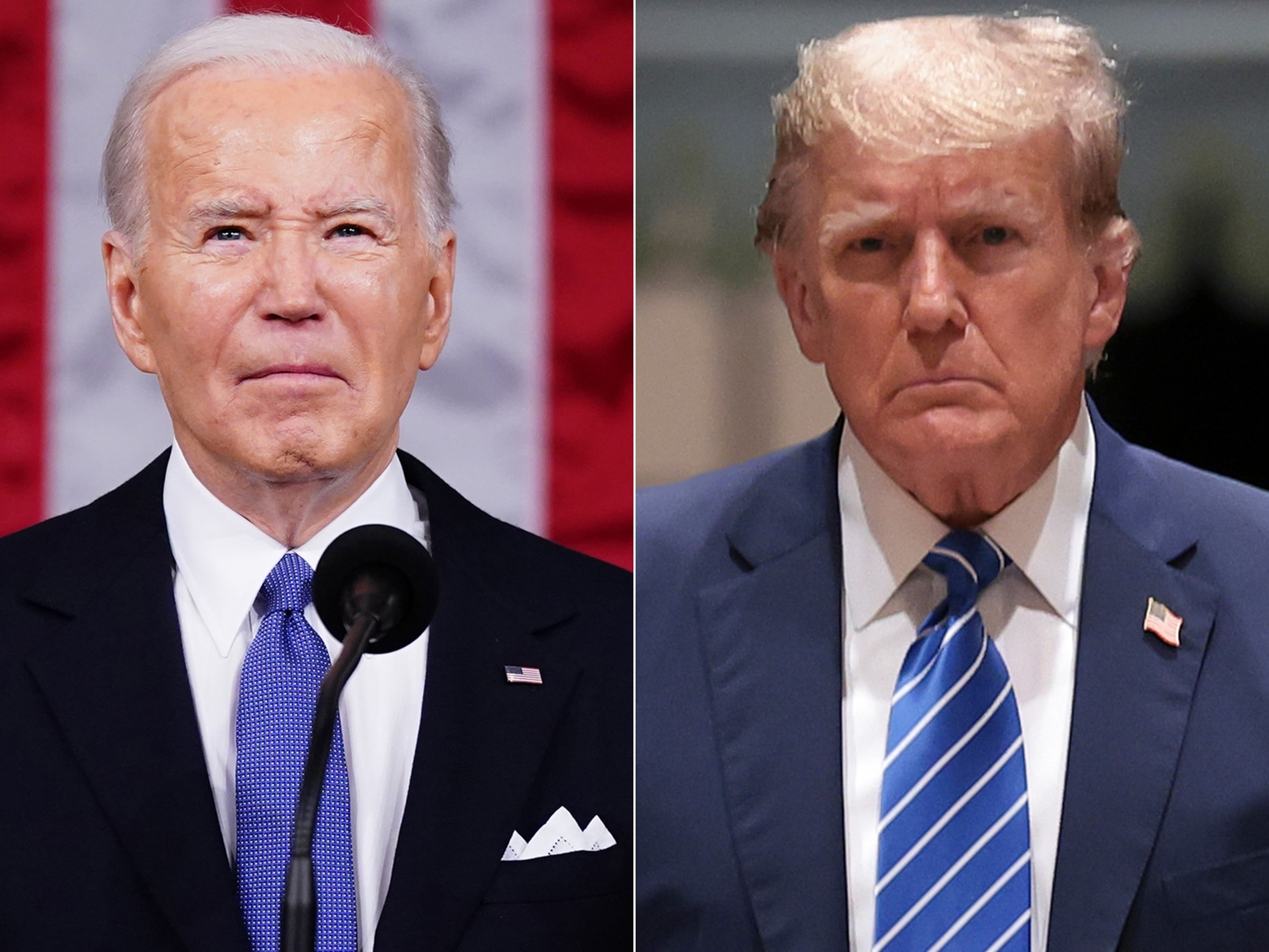 PHOTO: President Joe Biden delivers the annual State of the Union address on March 7, 2024, in Washington, D.C. | Former President Donald Trump arrives for an election-night watch party at Mar-a-Lago, on March 5, 2024 in West Palm Beach, Fla.