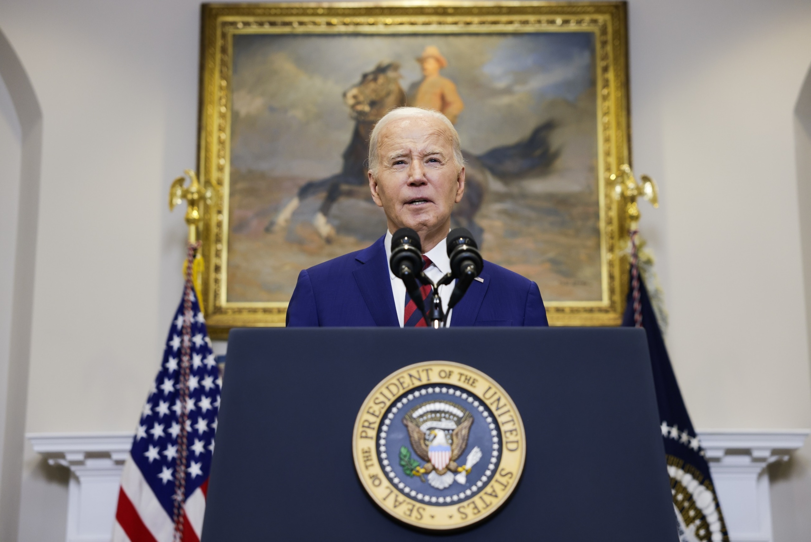 PHOTO: President Joe Biden speaks on the collapse of the Francis Scott Key Bridge in the Roosevelt Room of the White House, March 26, 2024, in Washington.