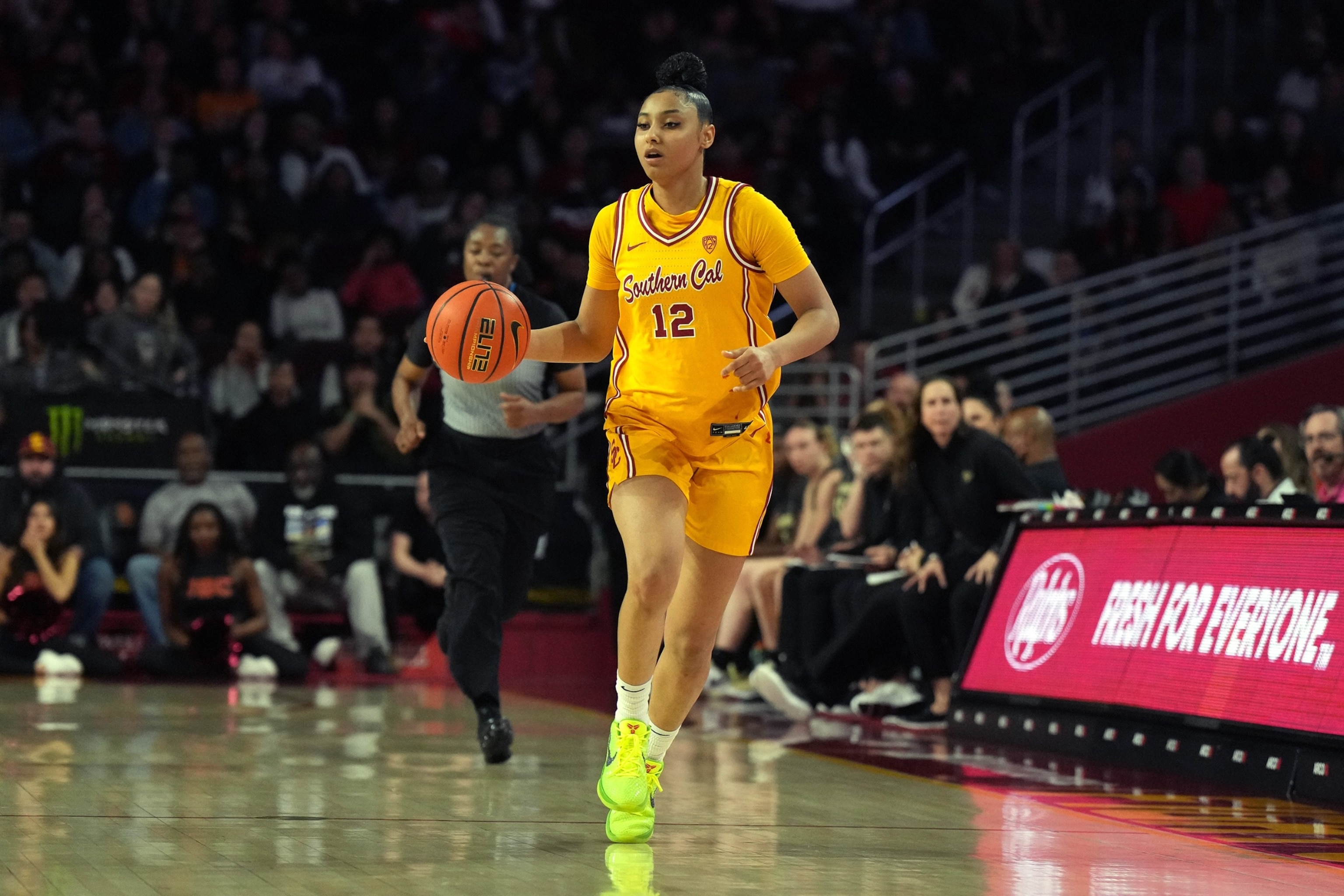 PHOTO: Southern California Trojans guard JuJu Watkins dribbles the ball against the Colorado Buffaloes during a NCAA college women's basketball game, on Feb. 23, 2024, in Los Angeles. 