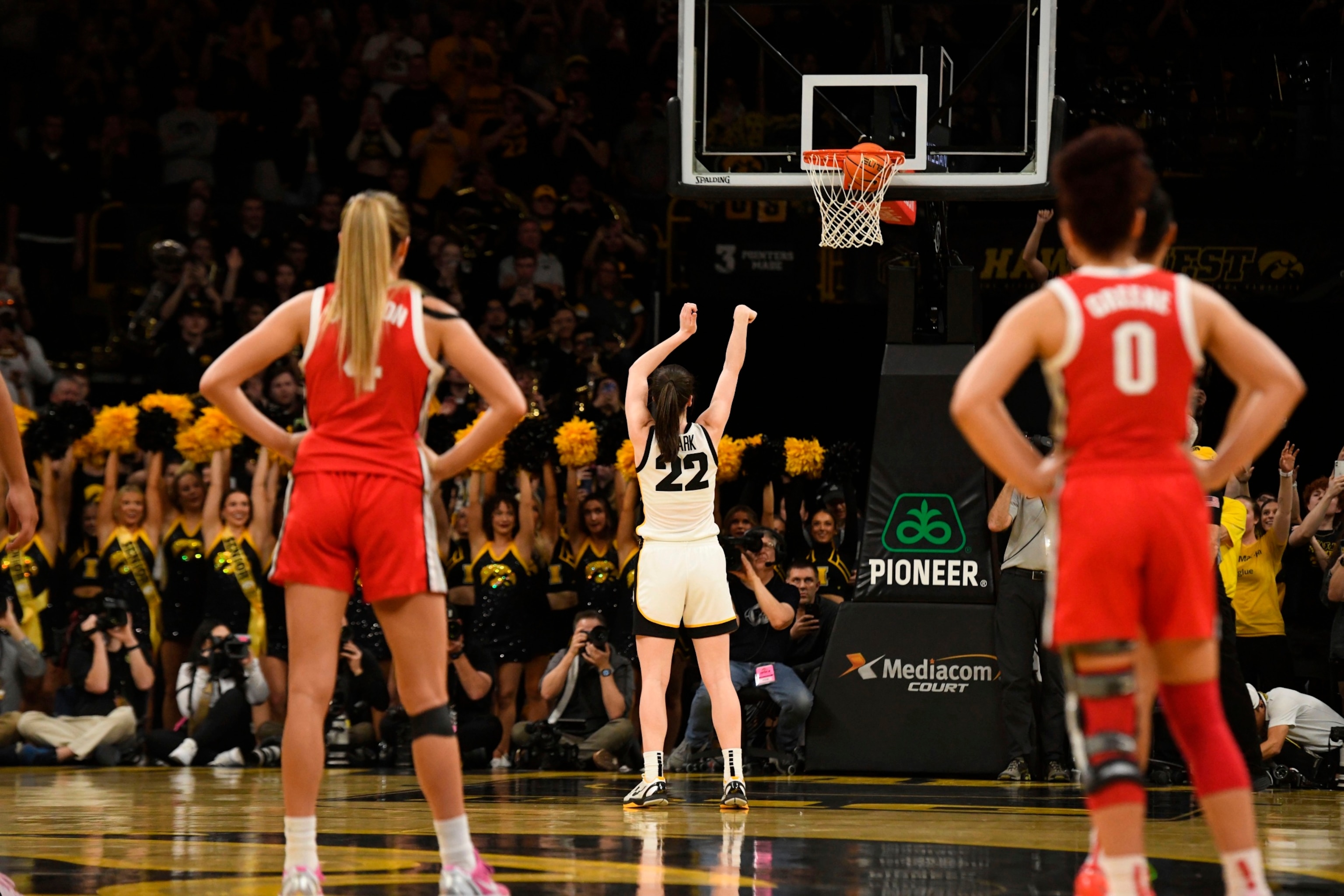 PHOTO:Iowa guard Caitlin Clark sinks a technical foul to become the all-time leading scorer in NCAA Division I basketball during the first half of a college game against Ohio State, Iowa City, IA, Mar. 3, 2024.