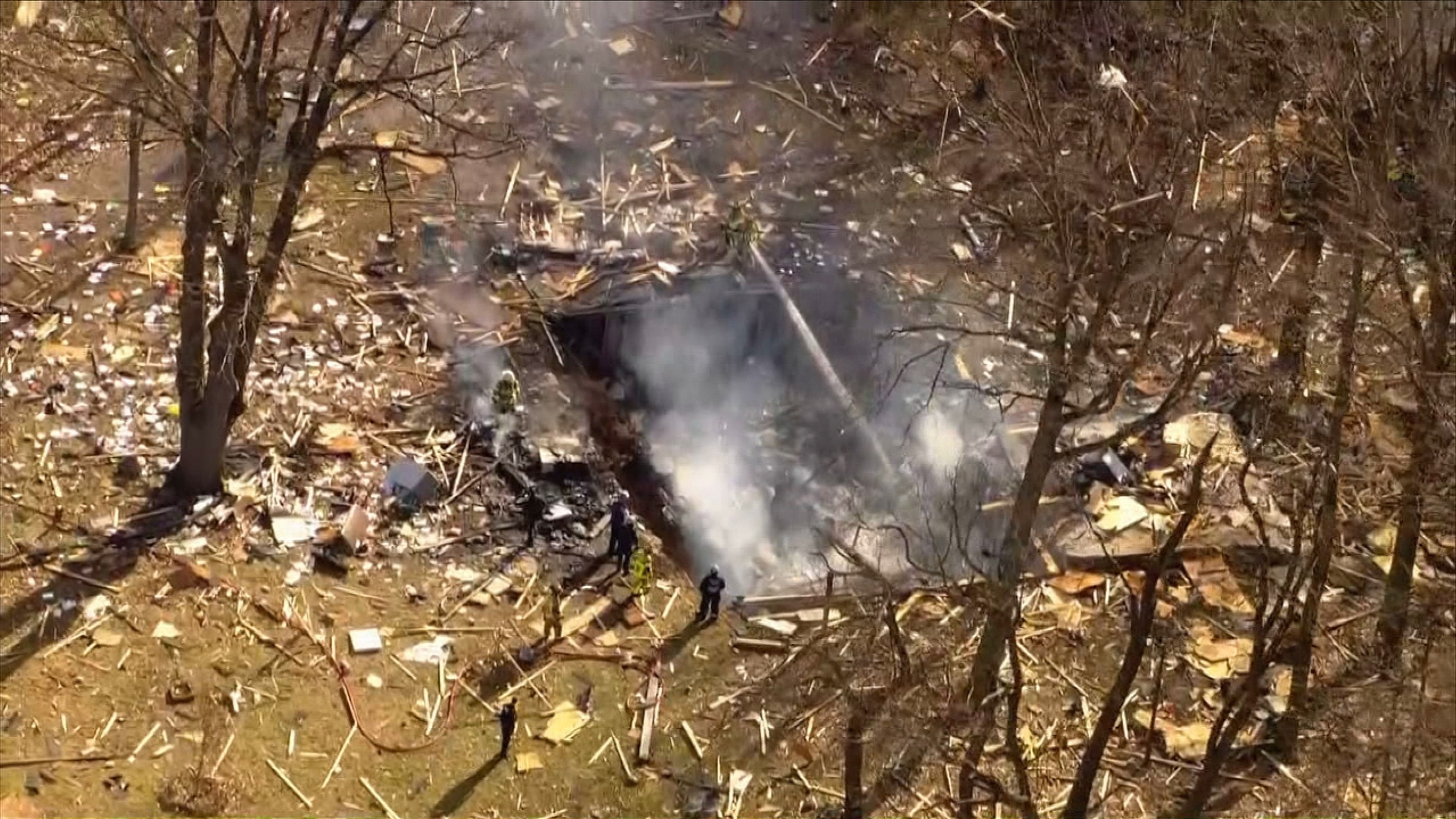 PHOTO: Emergency responders on the scene of a house explosion and fire in Crescent Township, Allegheny County, Pennsylvania, Mar. 12, 2024.