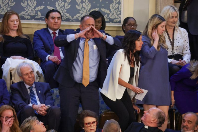 WASHINGTON, DC - MARCH 07: A heckler yells out as U.S. President Joe Biden delivers the State of the Union address during a joint meeting of Congress in the House chamber at the U.S. Capitol on March 07, 2024 in Washington, DC. This is Biden’s last State of the Union address before the general election this coming November. (Photo by Alex Wong/Getty Images)