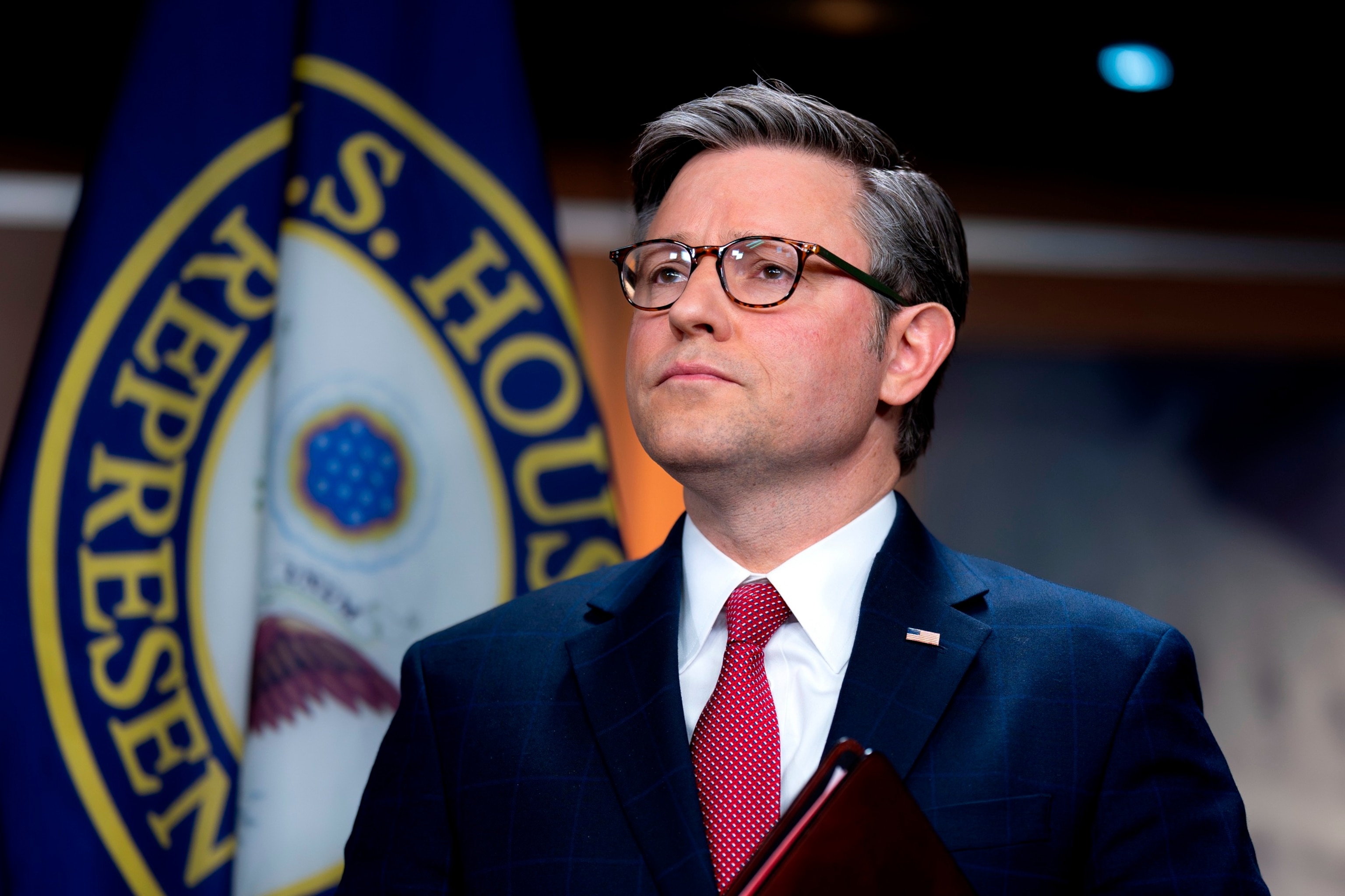 PHOTO: Speaker of the House Mike Johnson discusses President Joe Biden's policies at the Mexican border during a news conference at the Capitol, Feb. 29, 2024. 