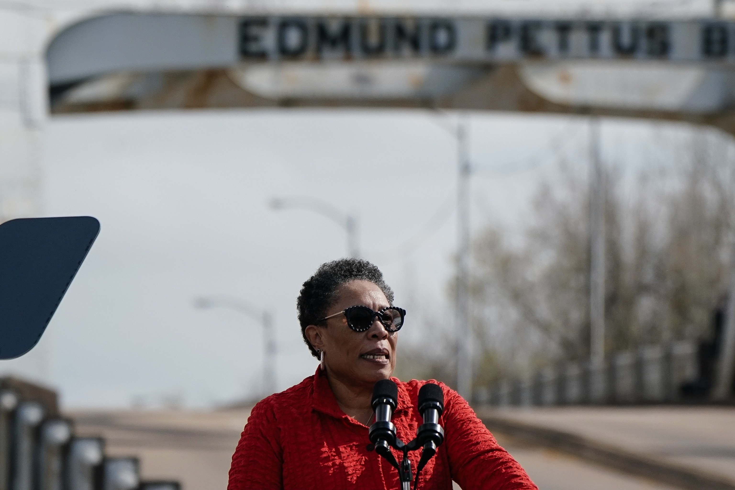 PHOTO: Housing and Urban Development Secretary Marcia Fudge speaks on the 59th commemoration of the Bloody Sunday Selma bridge crossing in Selma, AL, March 3, 2024. 