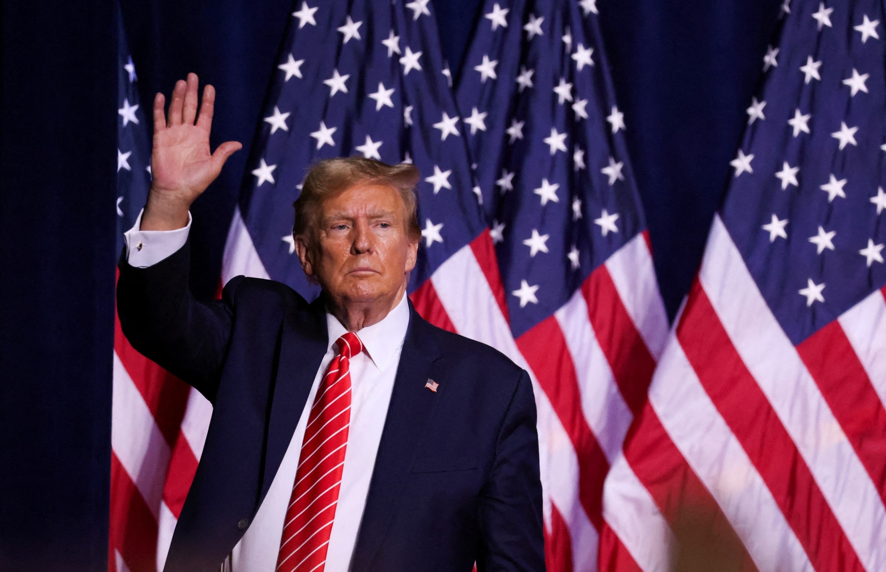 PHOTO: Republican presidential candidate and former President Donald Trump gestures during a campaign rally at the Forum River Center in Rome, Ga. March 9, 2024. 