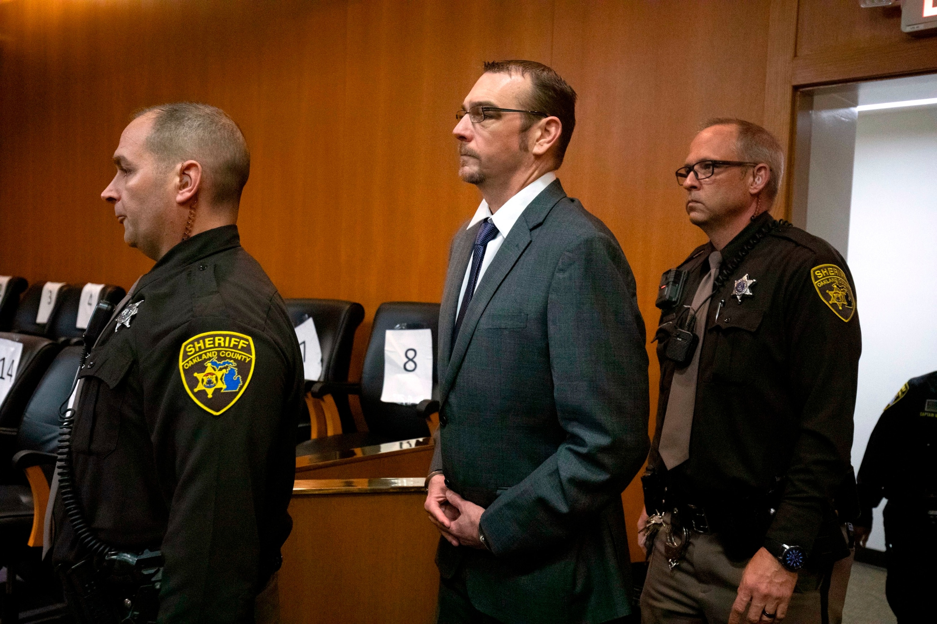 PHOTO: James Crumbley, father of Oxford High School shooter Ethan Crumbley, re-enters the courtroom after a break on the first day of his trial on four counts of involuntary manslaughter, on March 7, 2024 at Oakland County Circuit Court in Pontiac, Mich.