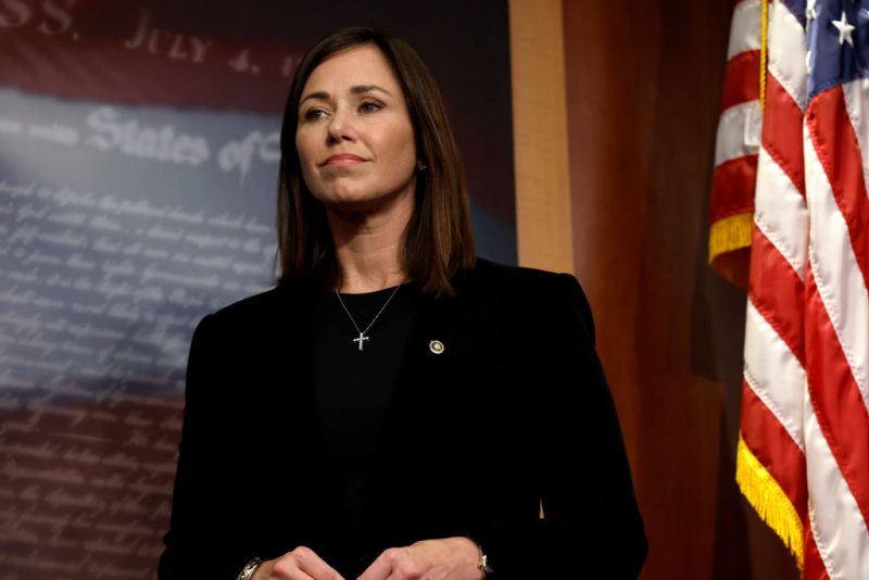 WASHINGTON, DC - SEPTEMBER 27: Sen. Katie Britt (R-AL) listens during a news conference on border security at the U.S. Capitol Building on September 27, 2023 in Washington, DC. Senate Republicans held the news conference to speak about the southern border and the need for more money for its security to be included in upcoming government funding legislation. (Photo by Anna Moneymaker/Getty Images)