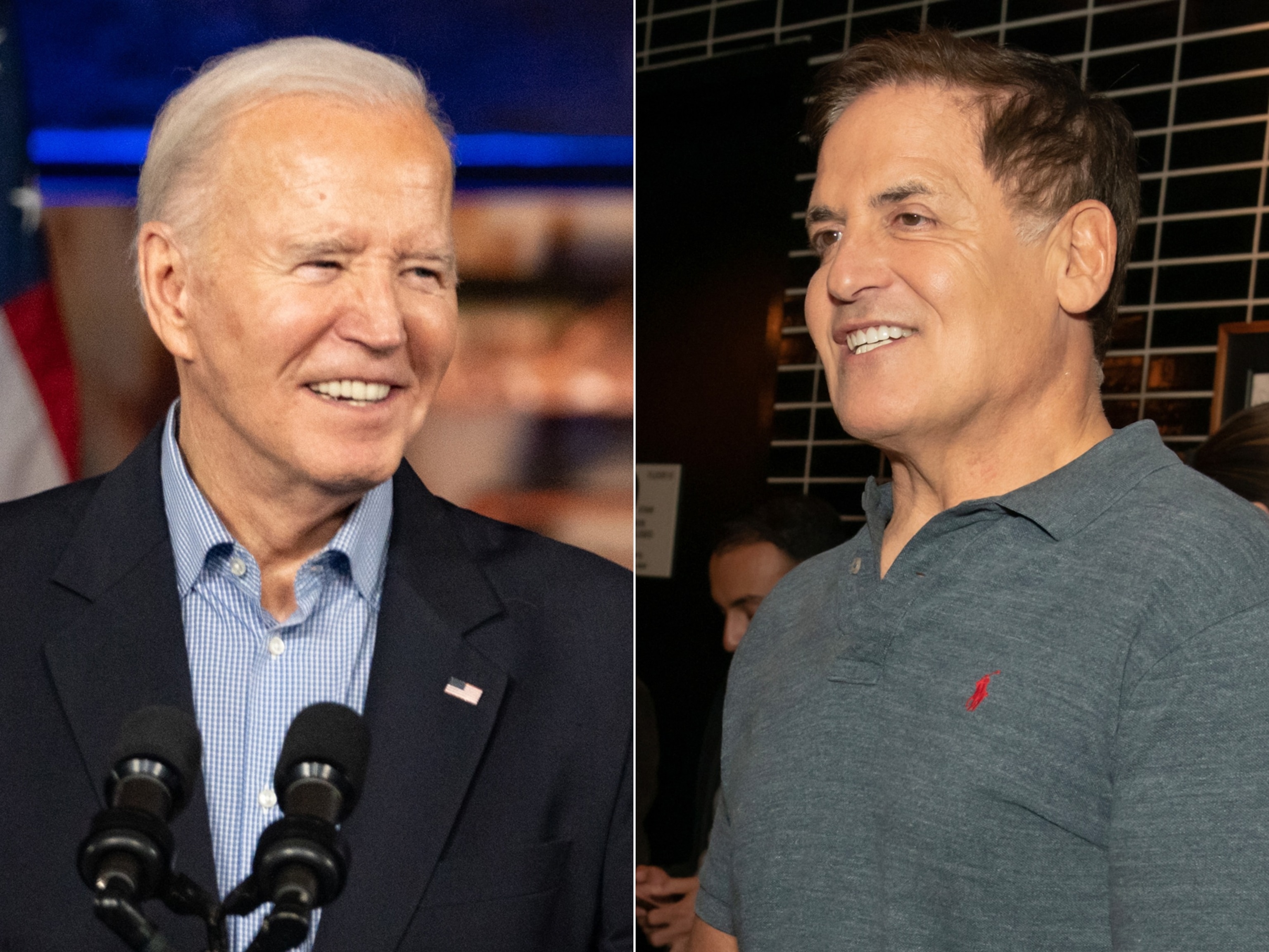 PHOTO: President Joe Biden speaks at an event in Atlanta, on March 9, 2024. | Mark Cuban speaks at an event in New York, on Oct. 17, 2023.