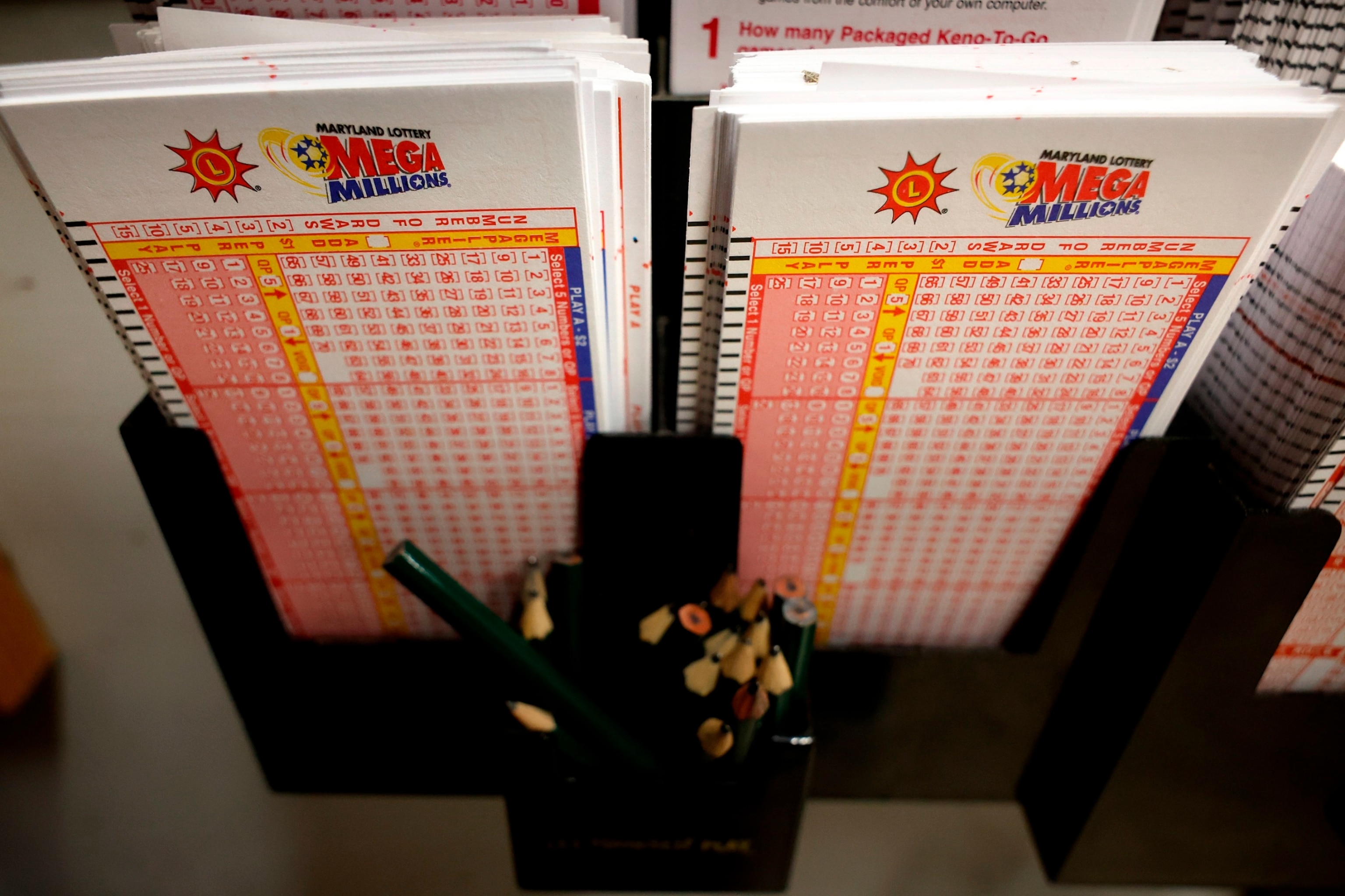 PHOTO: Mega Millions forms are stacked and waiting on players on Aug. 7, 2023 in Silver Spring, Md.