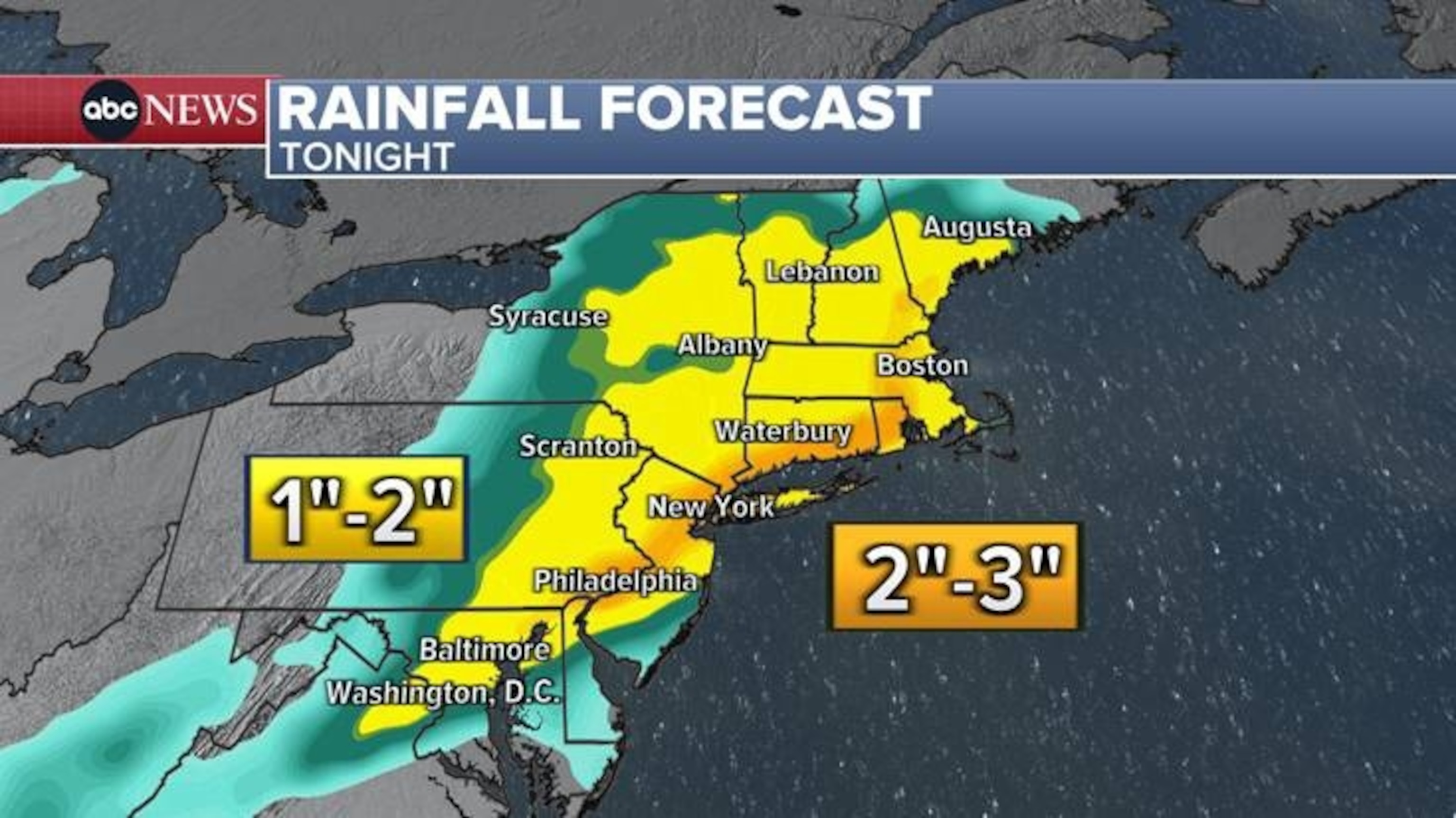 PHOTO: Overall, 1-2” is expected across much of the Northeast. Area where the heaviest rain pours down the longest will see 2-3” or more.