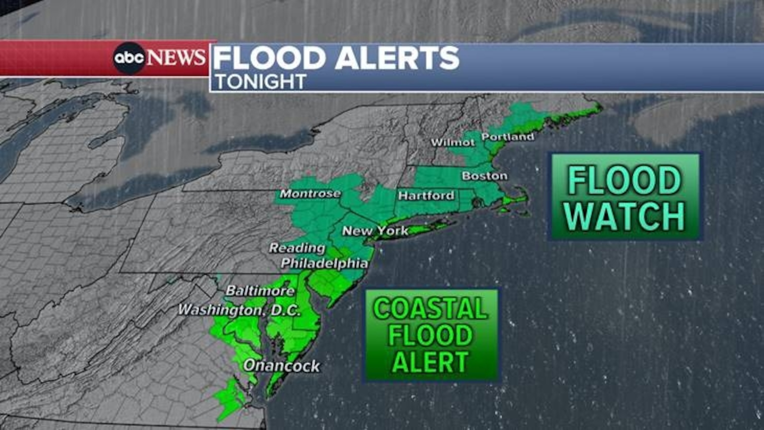 PHOTO: Tonight, flood alerts for more than 30 million people extend 11 states from Virginia to Maine with a mixture of flood watches and various coastal flood alerts.