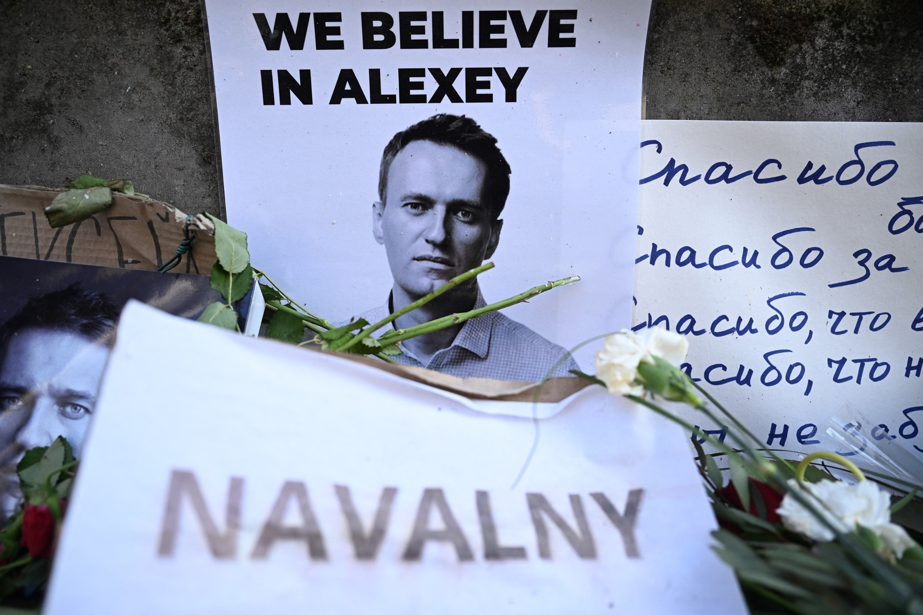 PHOTO: A picture of late Russian opposition leader Alexei Navalny with the lettering 'We believe in Alexey' is pictured at a makeshift memorial in Frankfurt am Main, western Germany, on Feb. 29, 2024.