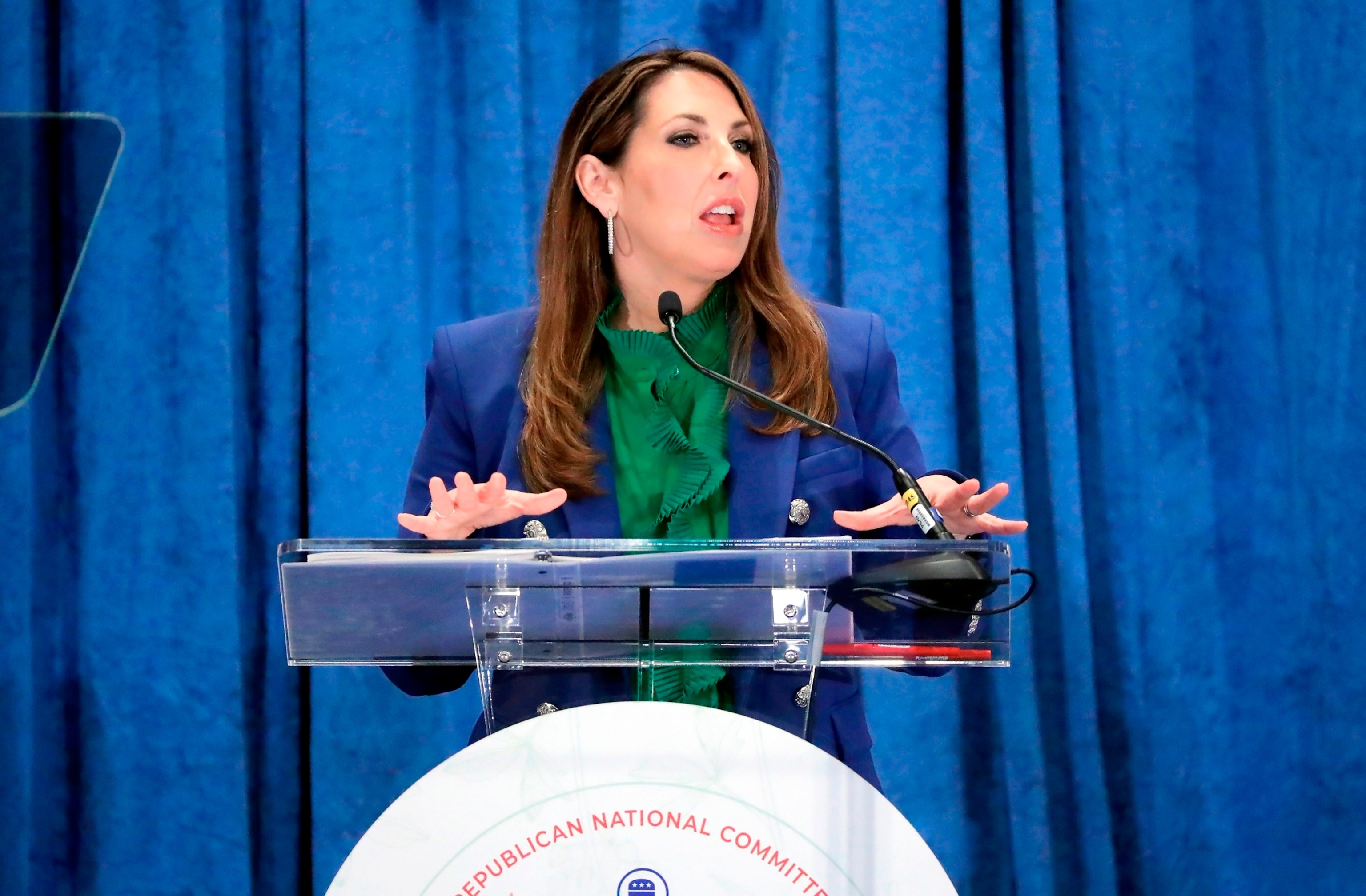 PHOTO: Ronna McDaniel, the outgoing Republican National Committee chairwoman, gives her last speech in the position at the general session of the RNC Spring Meeting, on March 8, 2024, in Houston. 