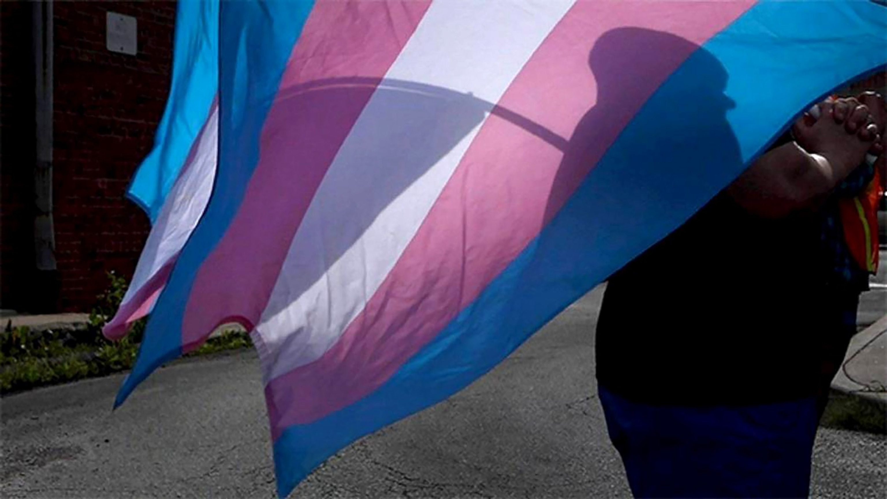 PHOTO: A marcher carries a Transgender Pride flag during a march in Kansas City.